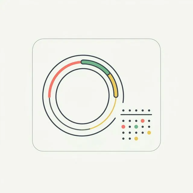 Minimalist vector illustration of an iPhone home screen widget with a circular progress ring score indicator and calendar dot grid