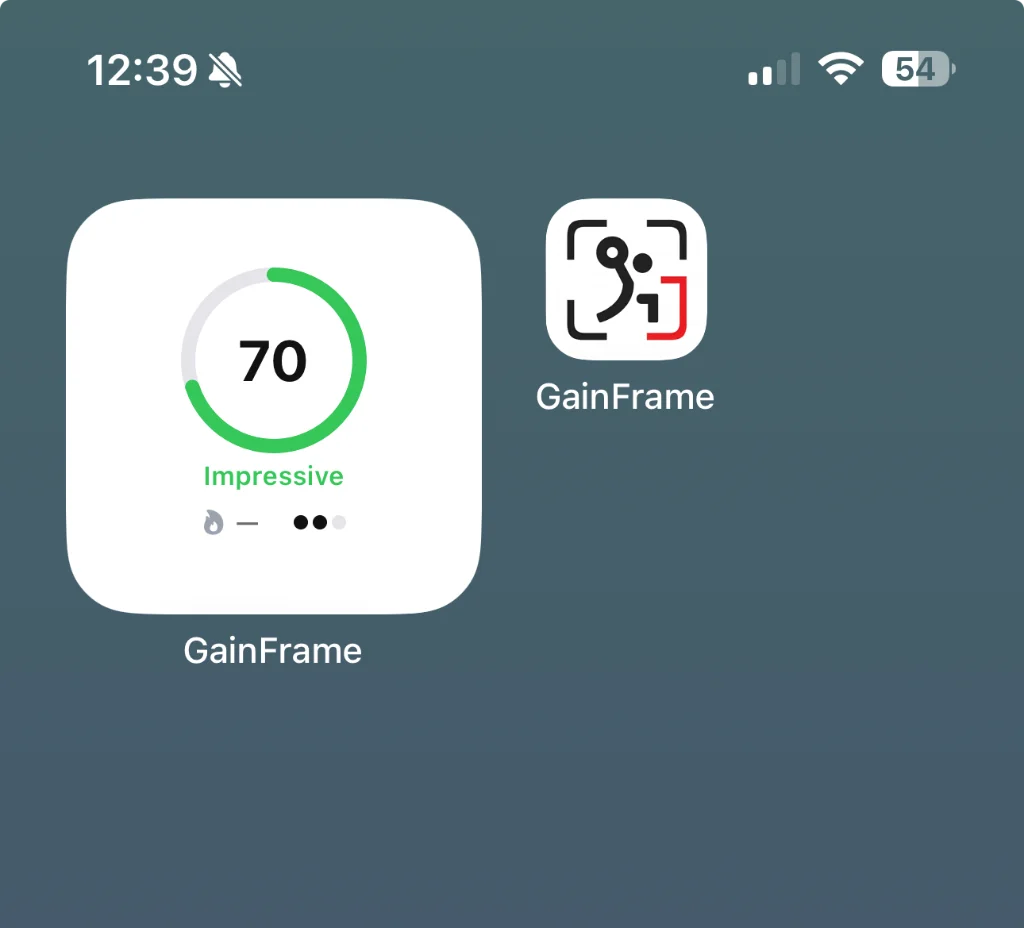 GainFrame small widget on iPhone home screen showing AI Physique Score of 70 with Impressive label and circular progress ring