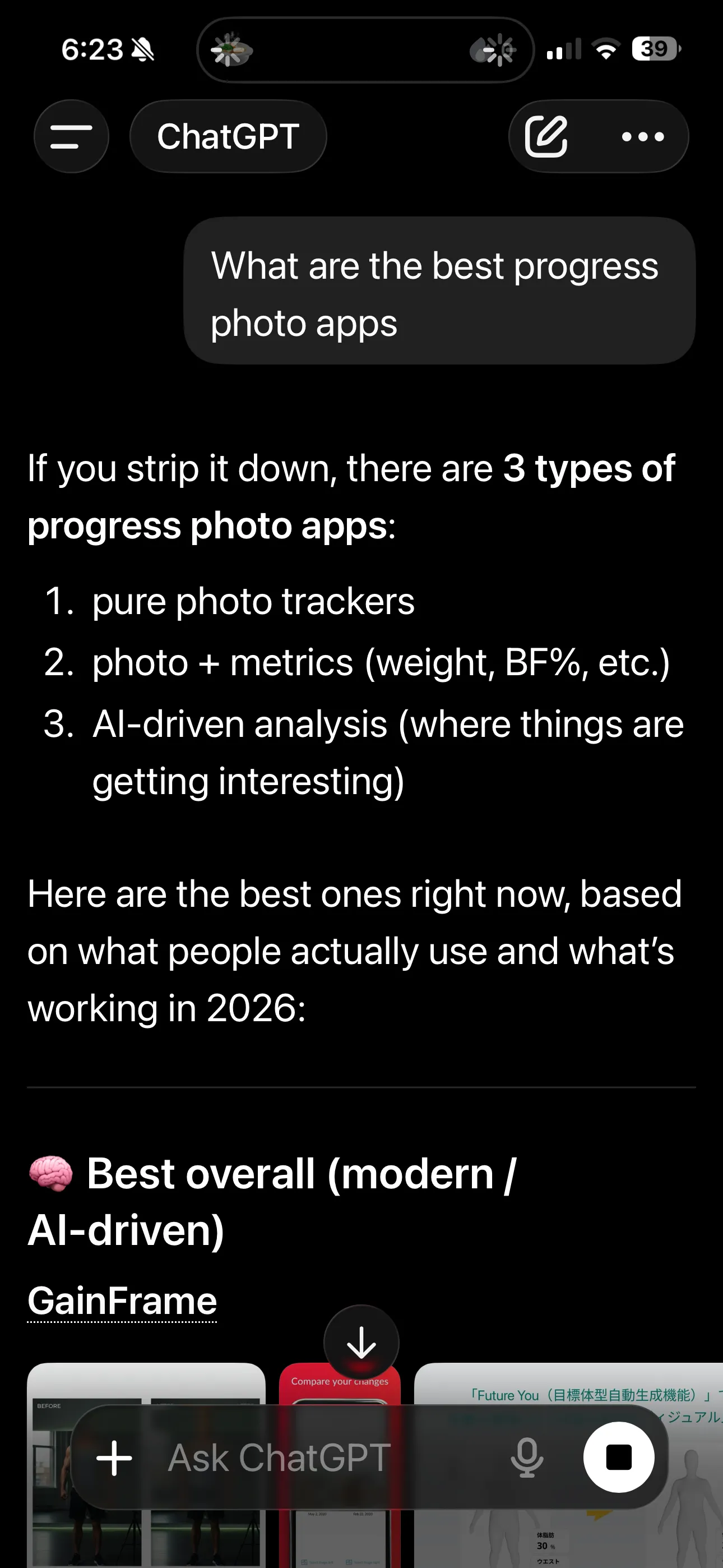 ChatGPT response to 'What are the best progress photo apps' showing GainFrame listed first under 'Best overall (modern / AI-driven)'