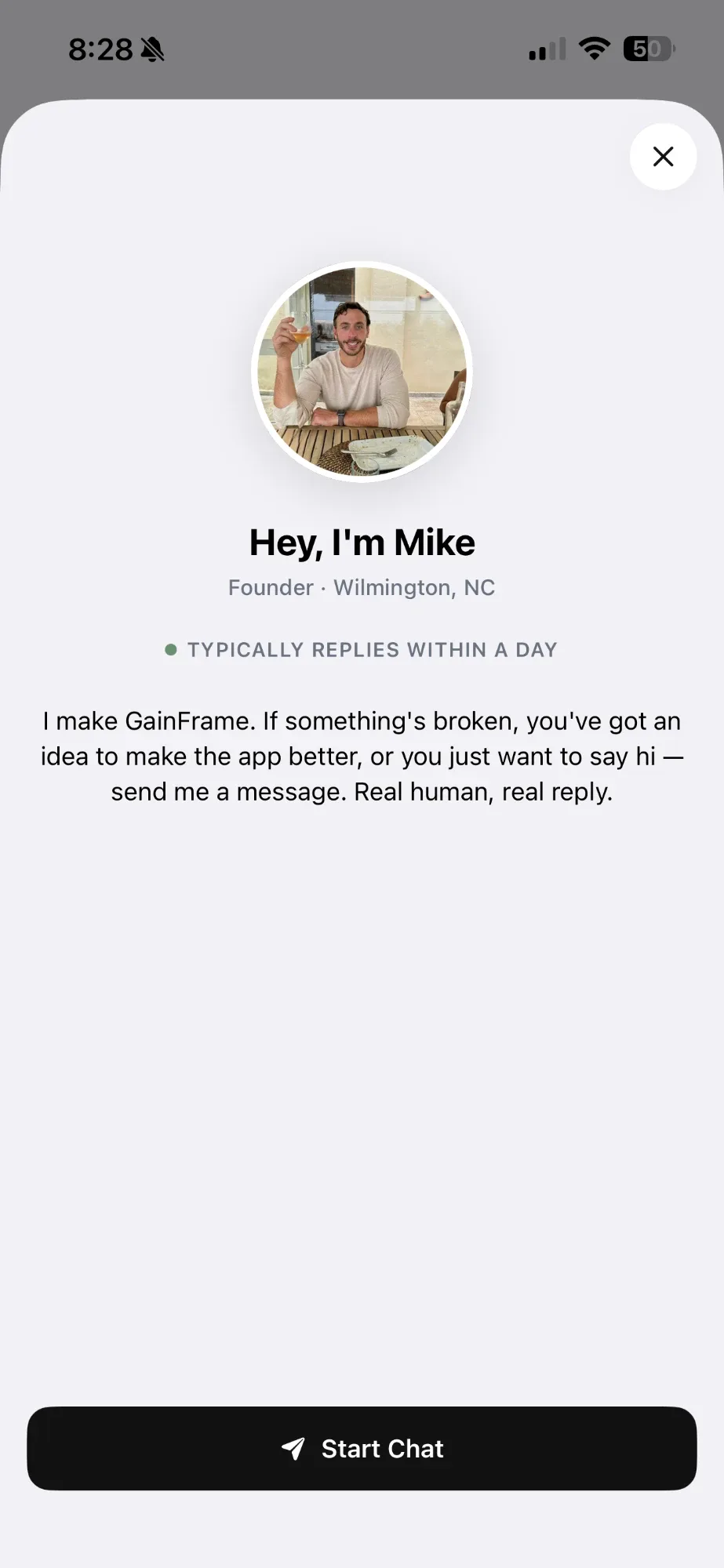 The Ask Mike chat profile inside GainFrame — founder photo, 'typically replies within a day', and a Start Chat button