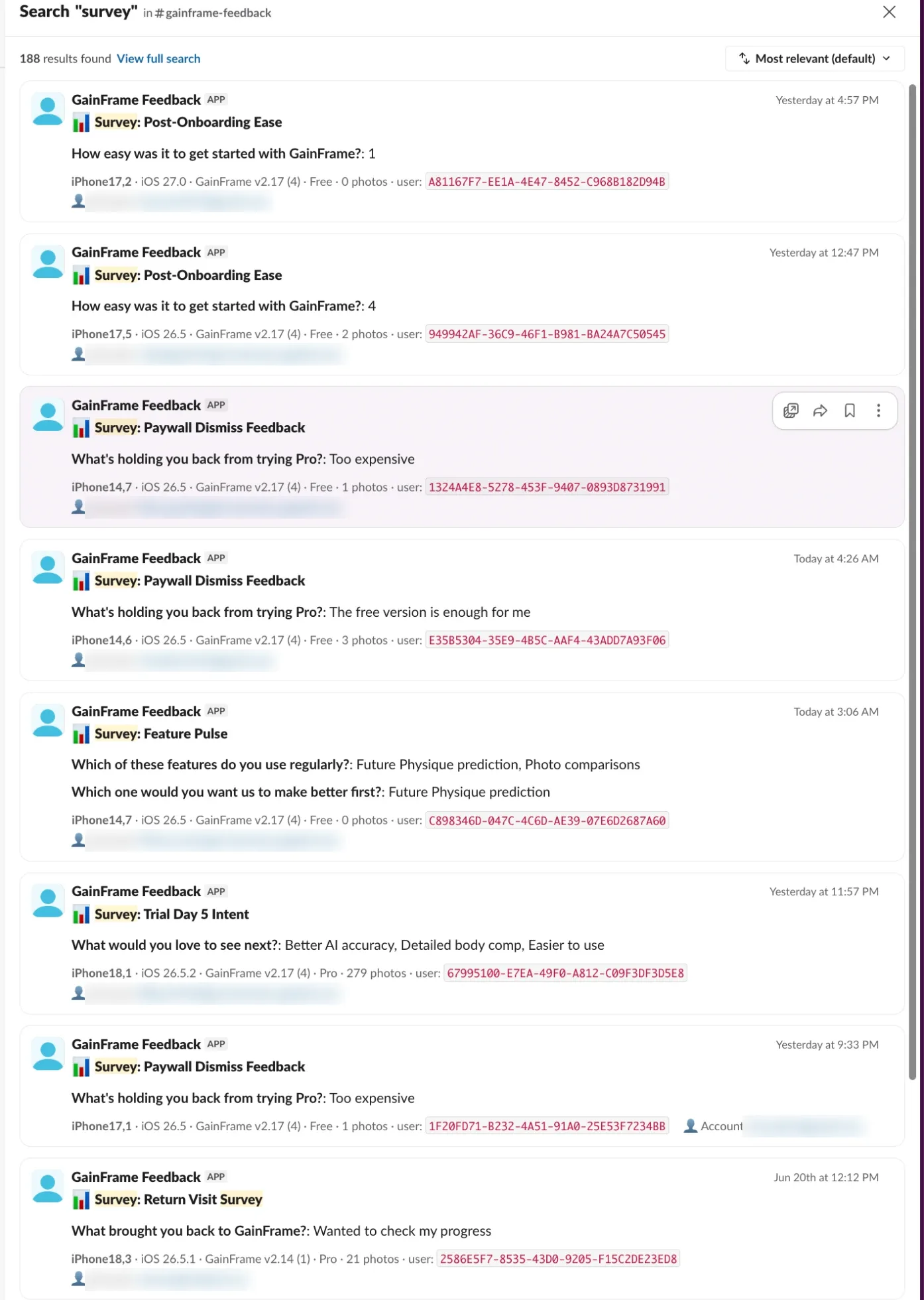 Slack channel showing a stream of survey responses with device, app version, and subscription context attached to each one