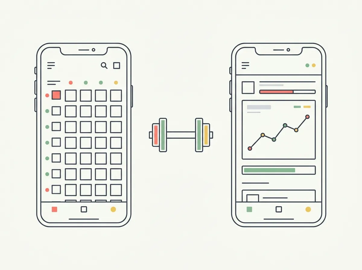 Two illustrated workout phones beside a dumbbell, showing a weekly plan and a progression graph