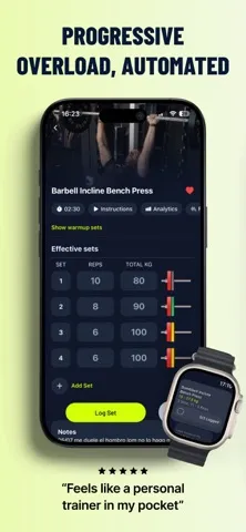 Gravl publisher screenshot showing a bench-press set log with suggested loads and an Apple Watch