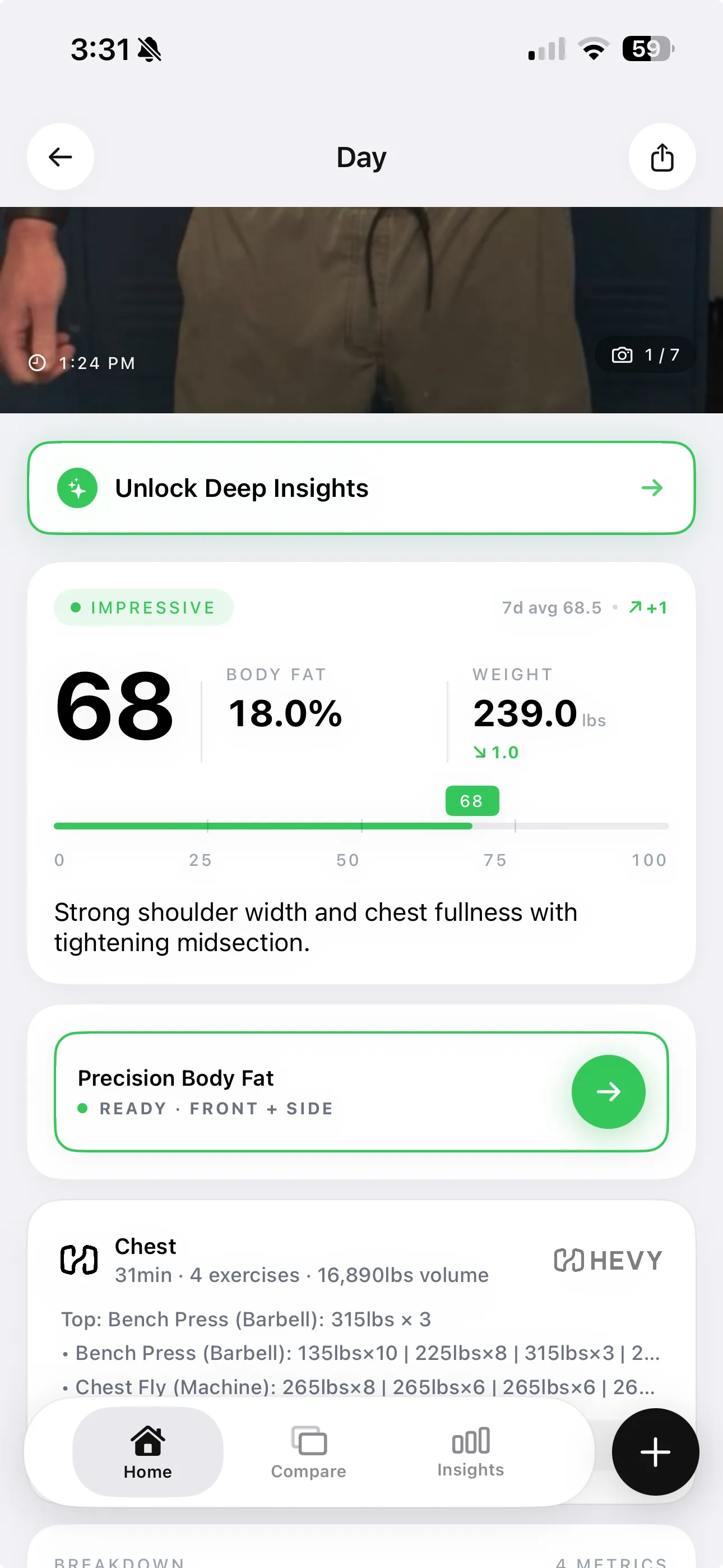 GainFrame day view showing a photo check-in with physique score alongside a Hevy workout card with exercises and volume for the same day