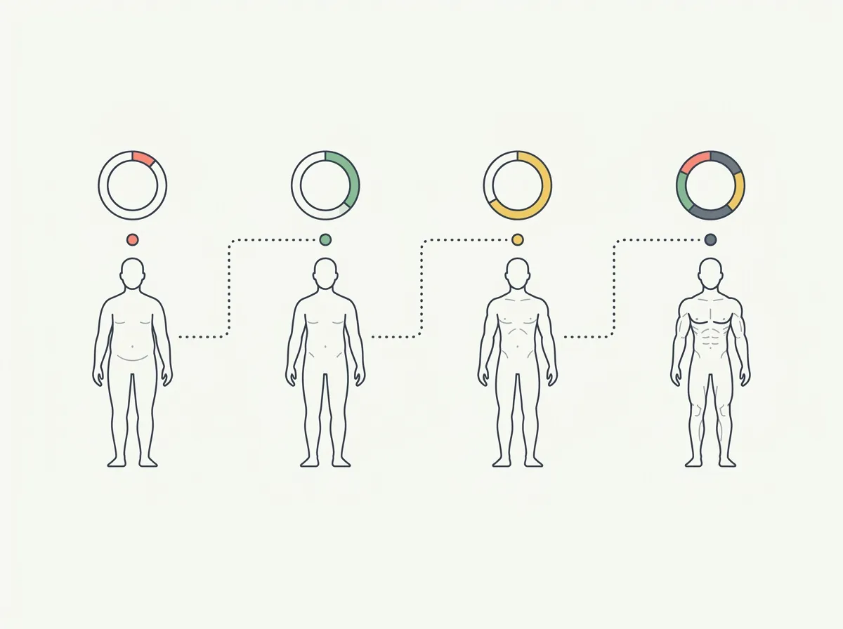 Horizontal timeline showing body recomposition milestones from Month 1 through Month 6