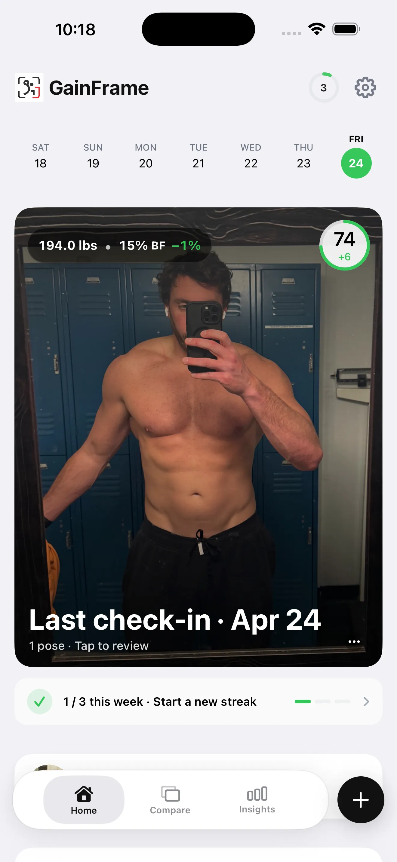 GainFrame home screen showing weekly check-in calendar with progress photo and body fat percentage overlay, streak indicator, and GainFrame score badge