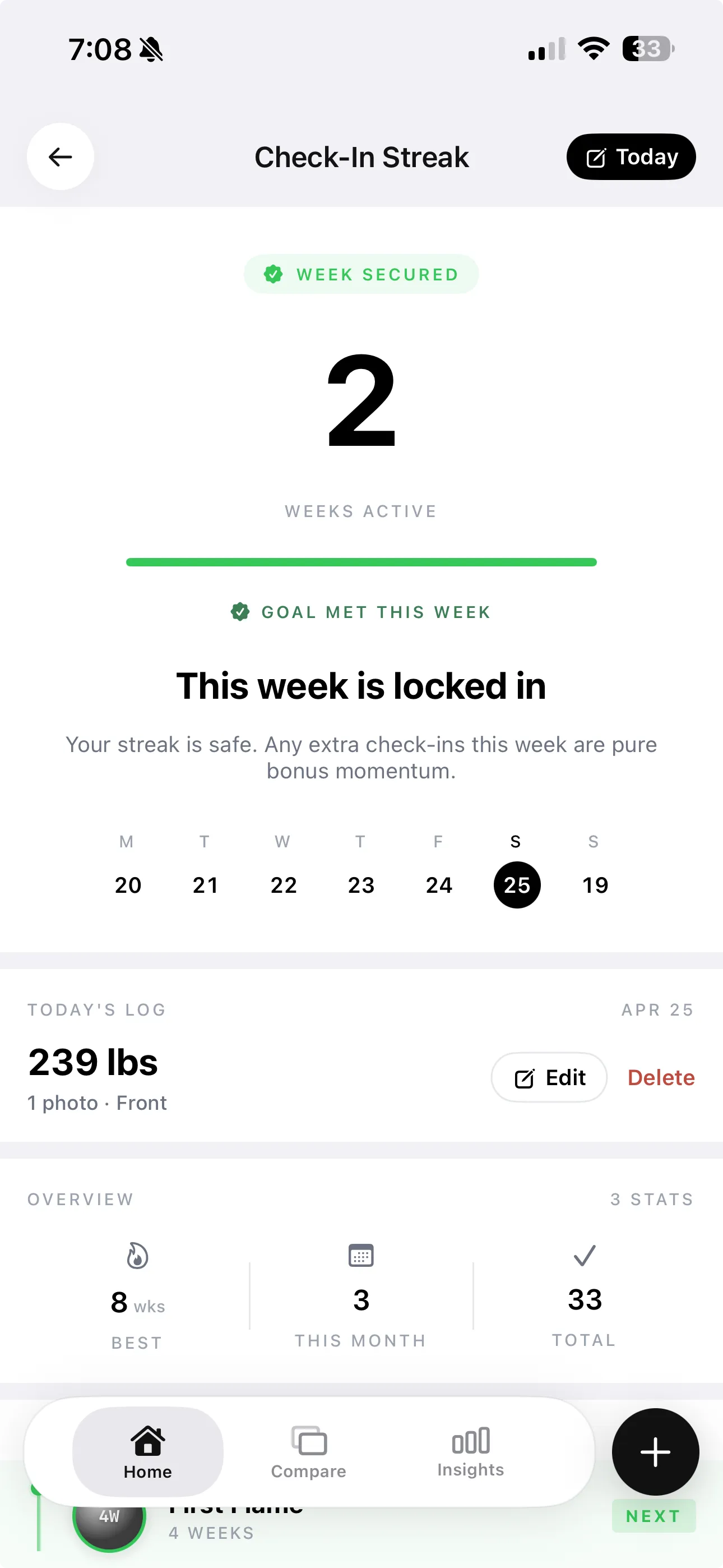 GainFrame check-in streak screen showing 2 Weeks Active badge, this week locked in, and overview stats showing 8 weeks best streak and 33 total check-ins