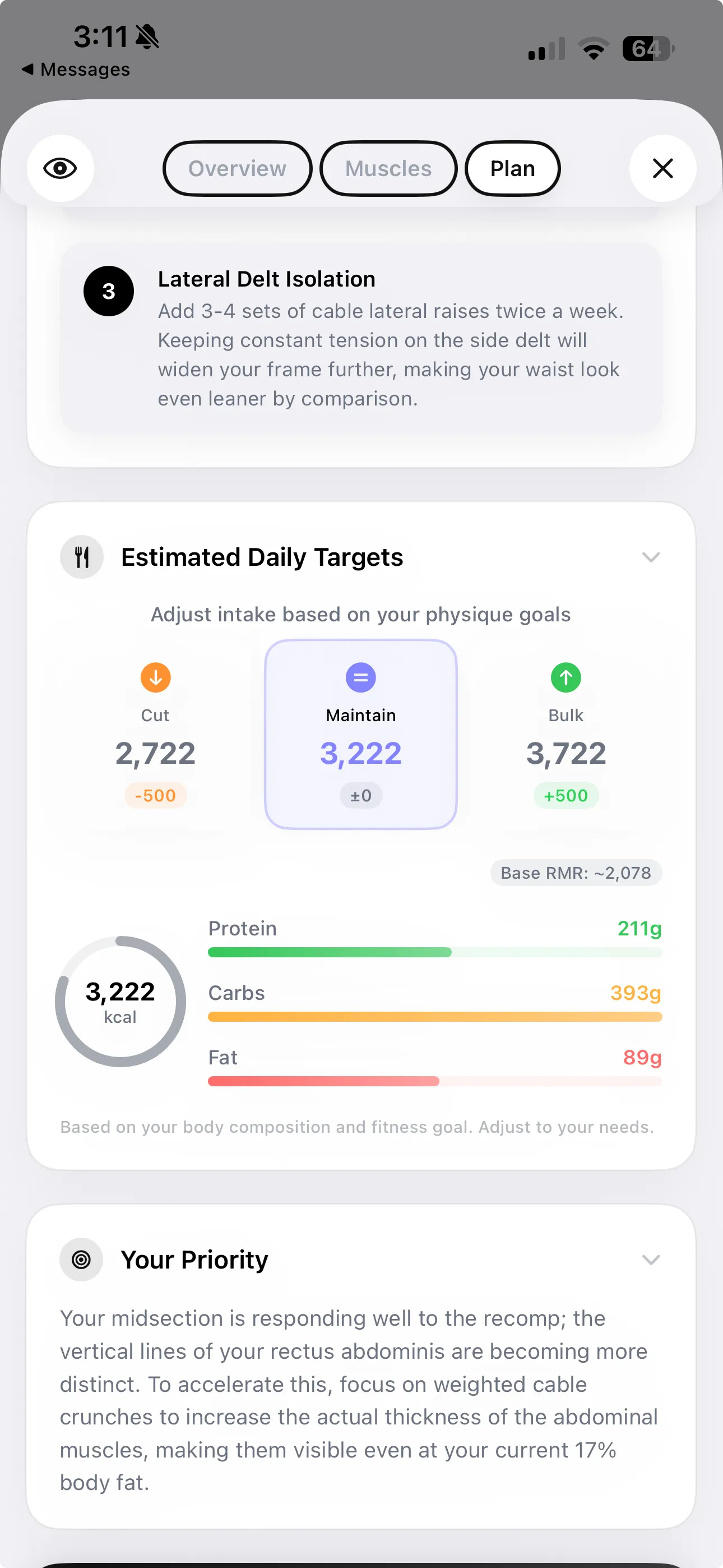 GainFrame app showing Cut, Maintain, and Bulk daily calorie targets with macro breakdown — 211g protein, 393g carbs, 88g fat — and an AI training recommendation card