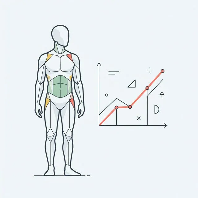 Minimalist vector illustration of a body silhouette with body composition zones and a progress trend line graph