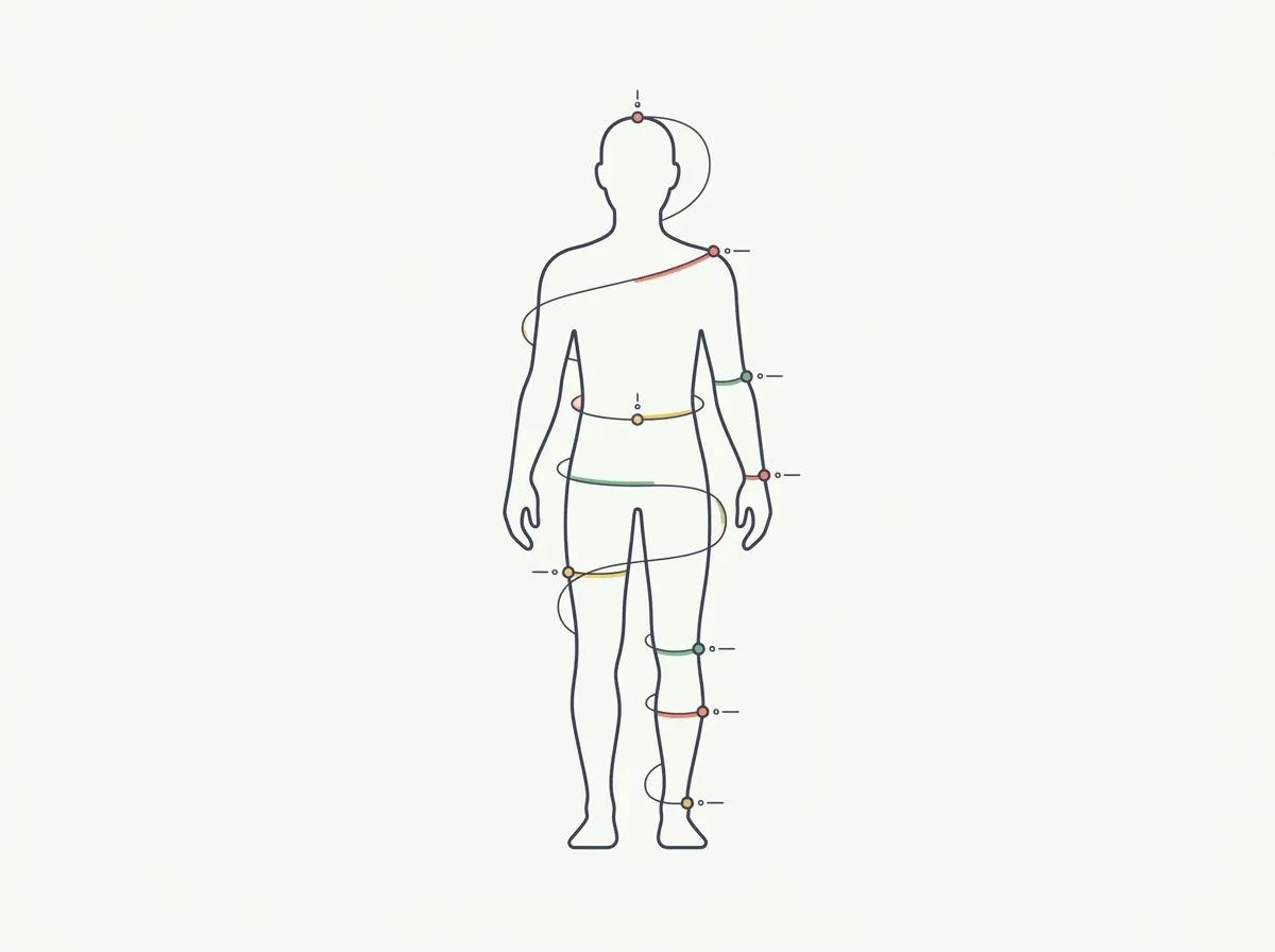 How to take body measurements correctly at all 10 sites — neck, shoulders, chest, arms, waist, hips, and legs — with the universal tape rules, a printable summary table, and how often to measure.