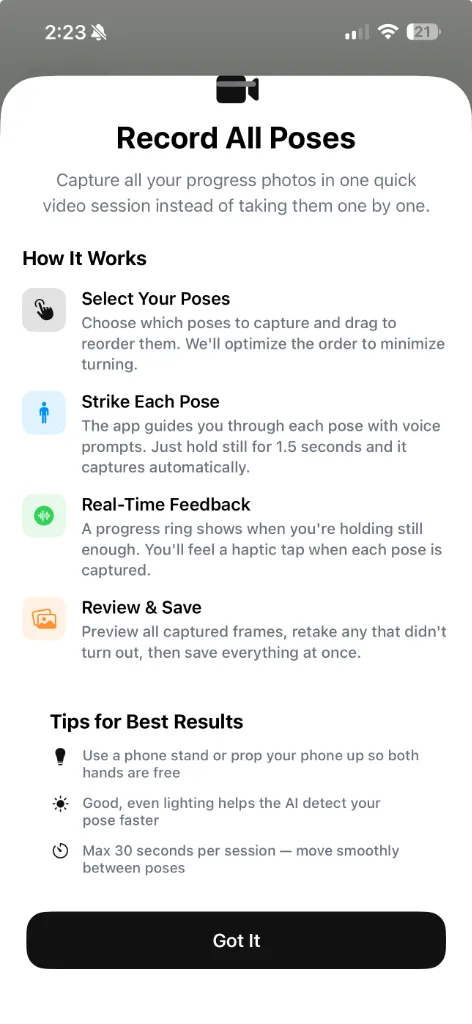 GainFrame Guided Recording showing how it works: select poses, strike each pose, real-time feedback, review and save