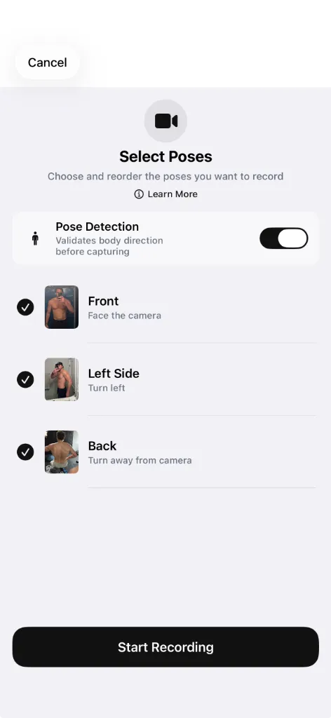 GainFrame Select Poses screen showing Front, Left Side, and Back poses with pose detection toggle