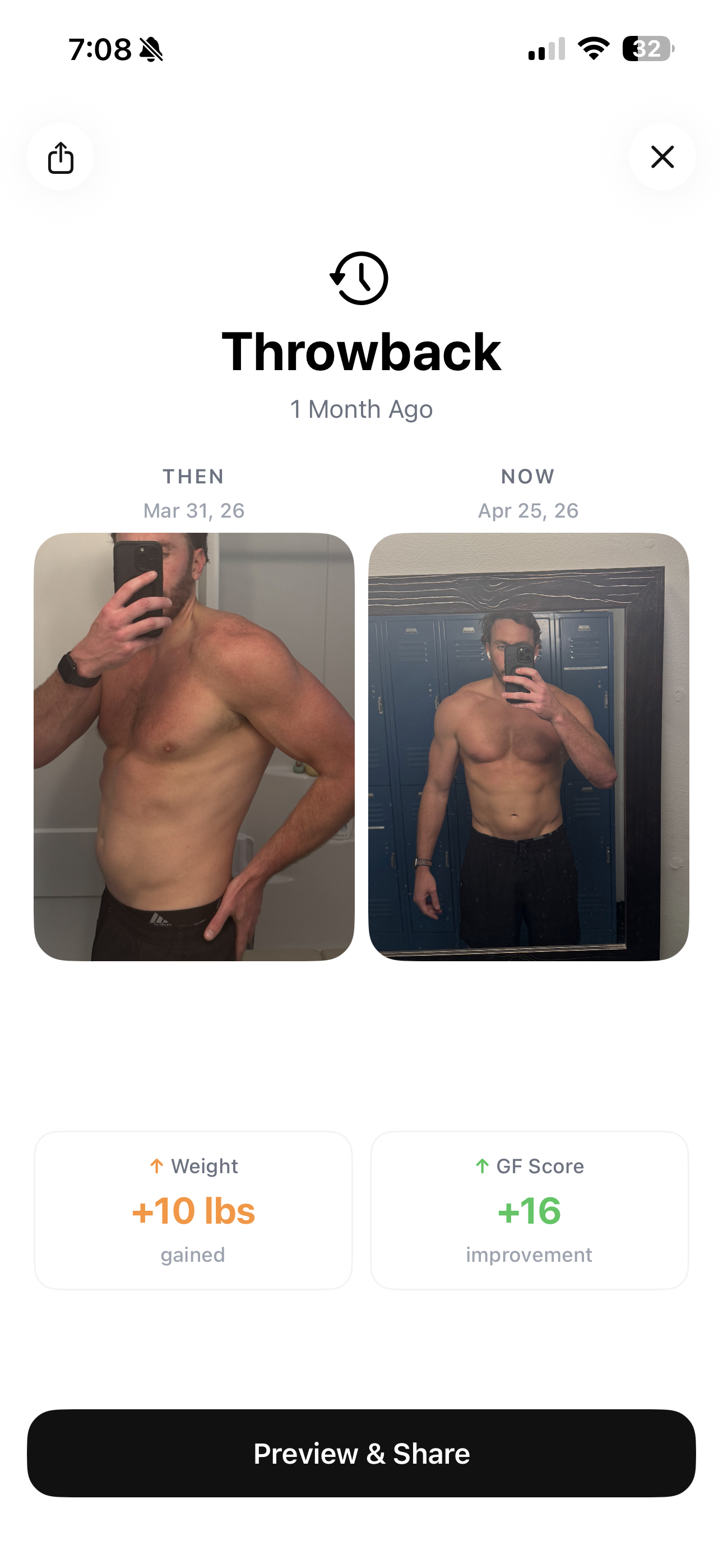 GainFrame throwback feature showing a side-by-side weight loss progress photo comparison with body composition deltas