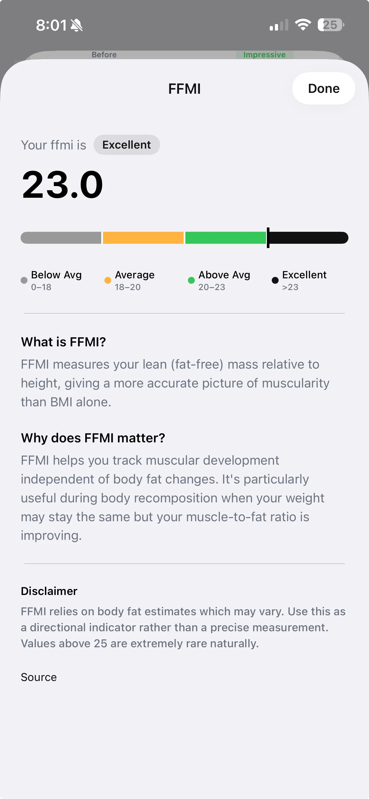 FFMI detail screen showing score of 23.0 on a horizontal range bar from Below Average through Excellent, with definitions explaining what FFMI measures and why it matters