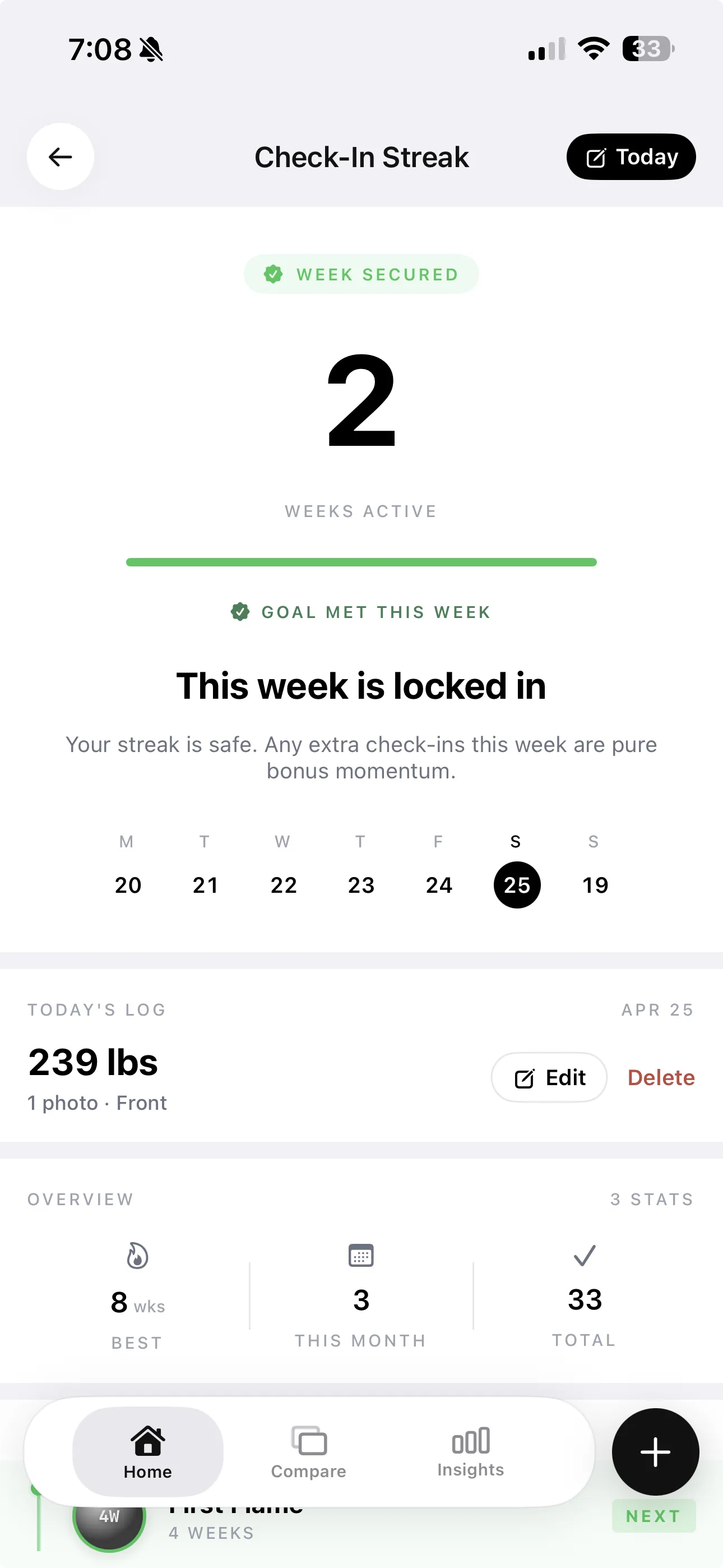 GainFrame weekly check-in timeline showing consistent body fat percentage, GainFrame Score, and FFMI trends over multiple months