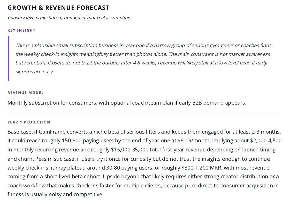 IdeaGrit growth and revenue forecast section showing a base case of 150-300 paying users and $2,000-4,500 MRR by end of year one at $9-19/month, and a pessimistic case of 30-80 paying users at $300-1,200 MRR