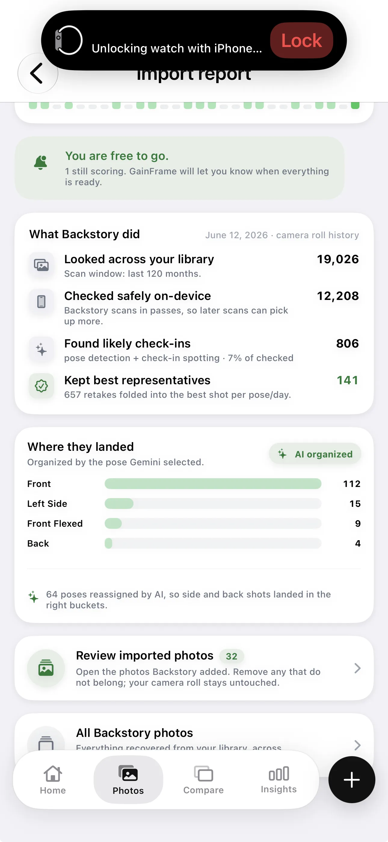 GainFrame import report showing how many photos were scanned, checked on-device, identified as check-ins, and organized by pose