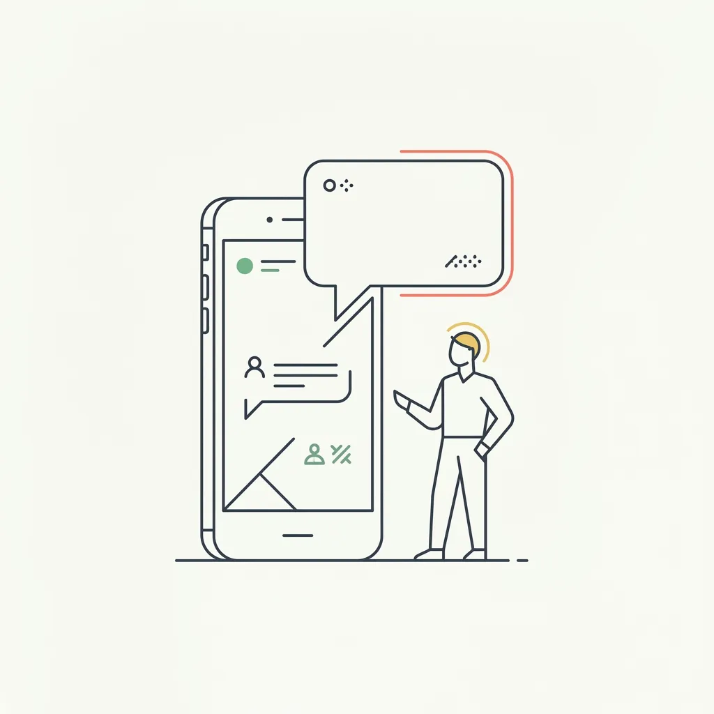 Minimalist vector illustration of a smartphone with a chat bubble and a human figure — representing direct founder-to-user communication