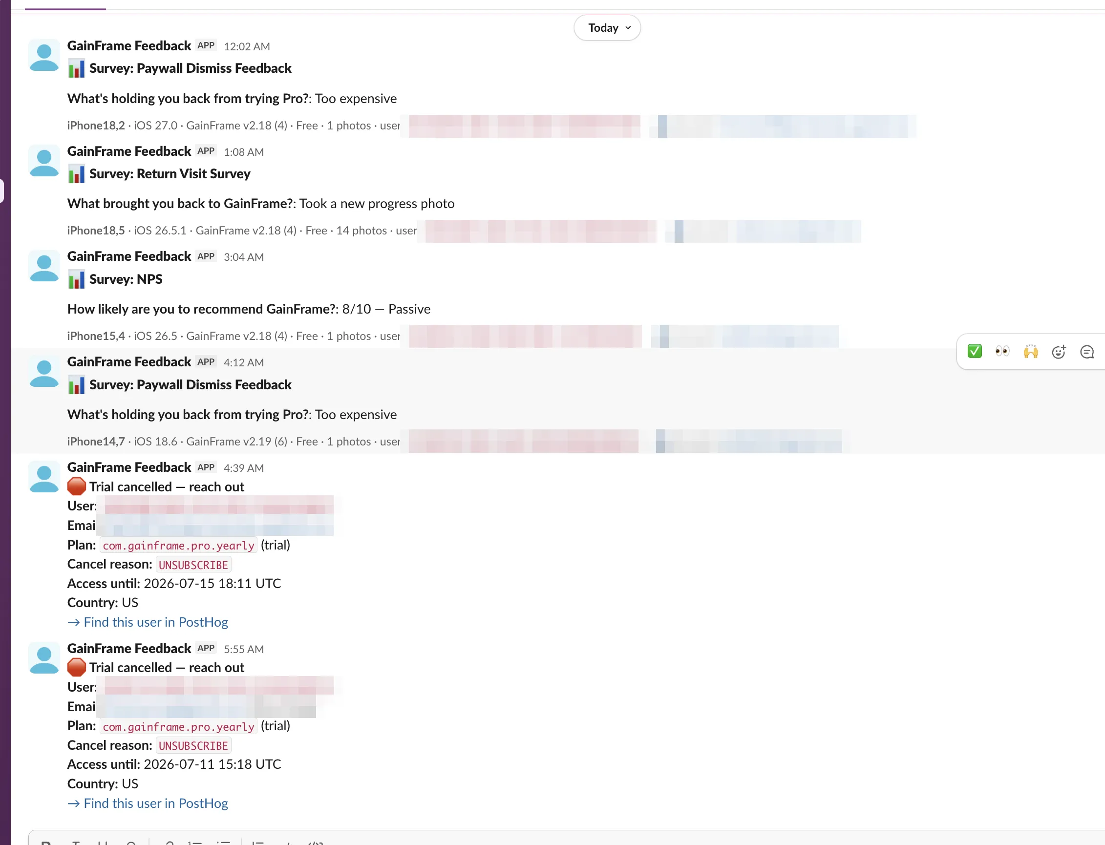 Slack channel with real-time GainFrame alerts: paywall dismiss survey answers, an NPS response, and two trial-cancelled alerts with reach-out prompts (user details redacted)