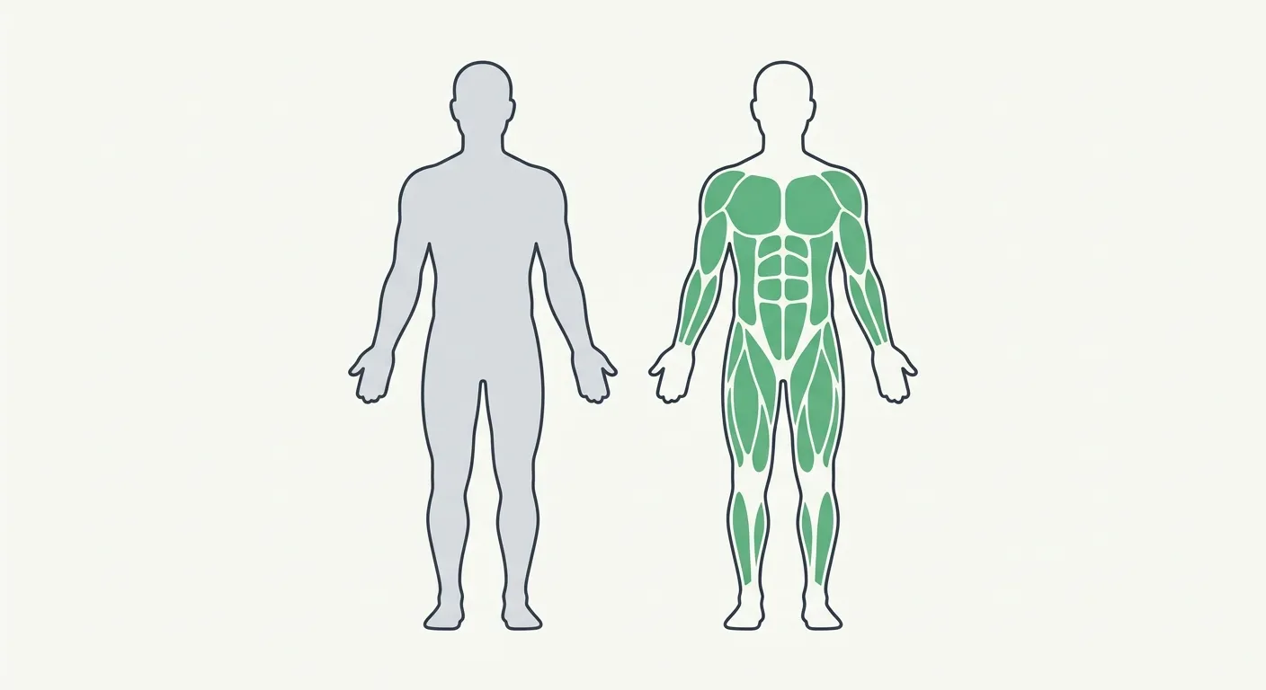 Two body silhouettes — left shaded for all lean tissue, right with muscle areas highlighted in sage green — showing the difference between lean mass and muscle mass