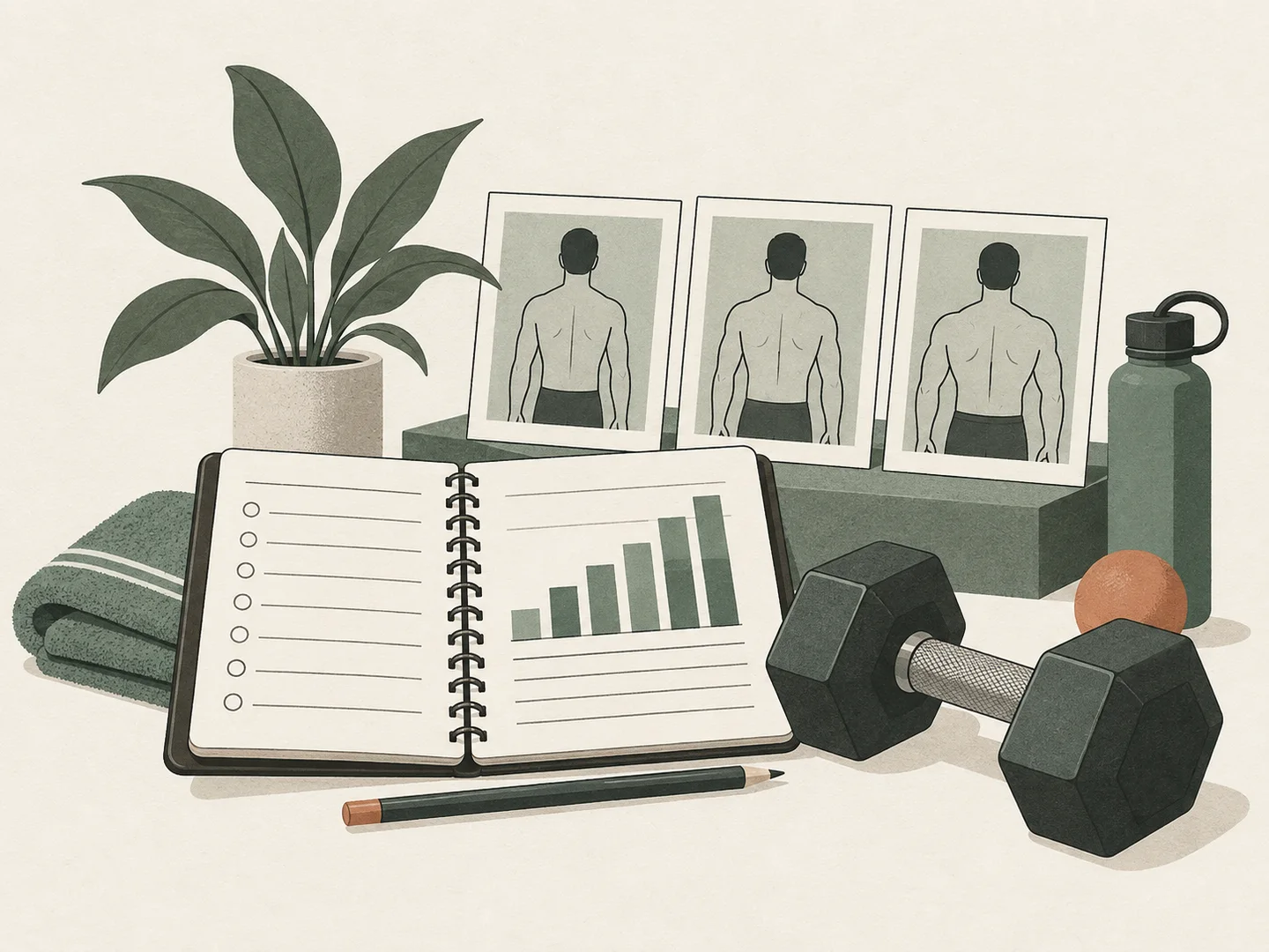 Editorial illustration of a training log, progression bars, a dumbbell and dated photo frames