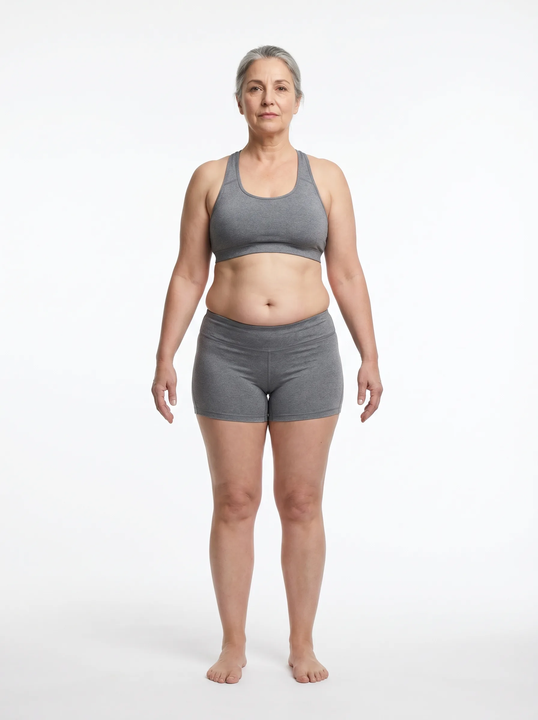Standardized render of a woman in her 50s at 37 percent body fat, with fat distribution shifted toward the midsection and trunk