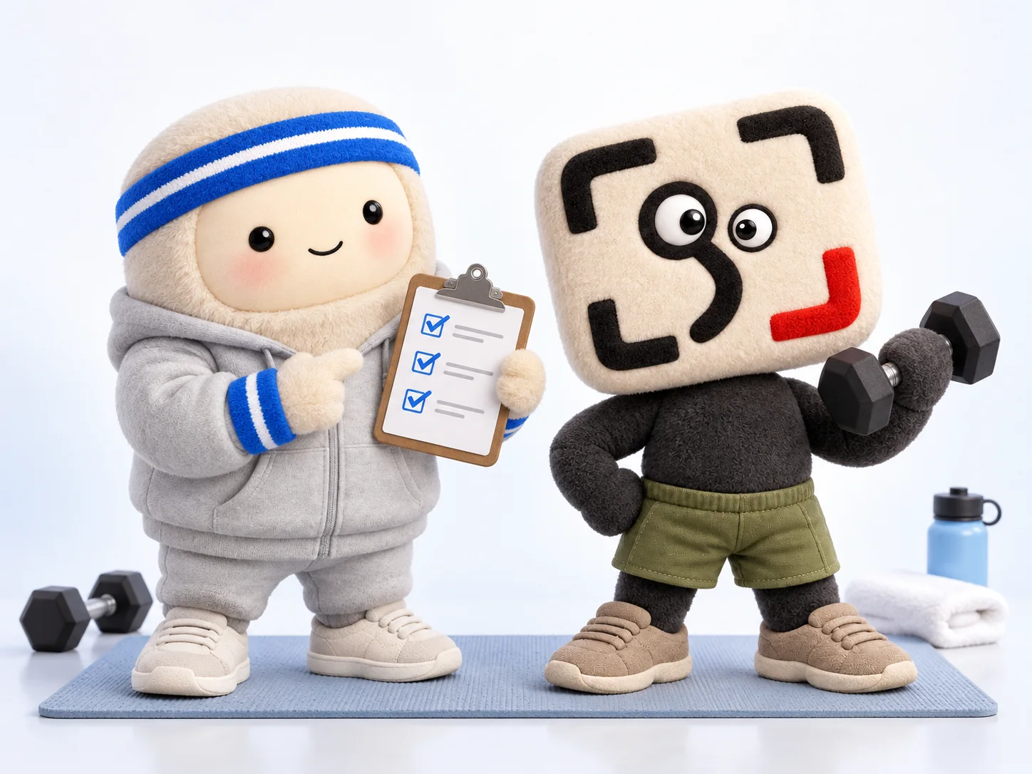 Muse in a gray hoodie and blue headband coaching plush GainFrame Gary through a dumbbell workout beside a training checklist
