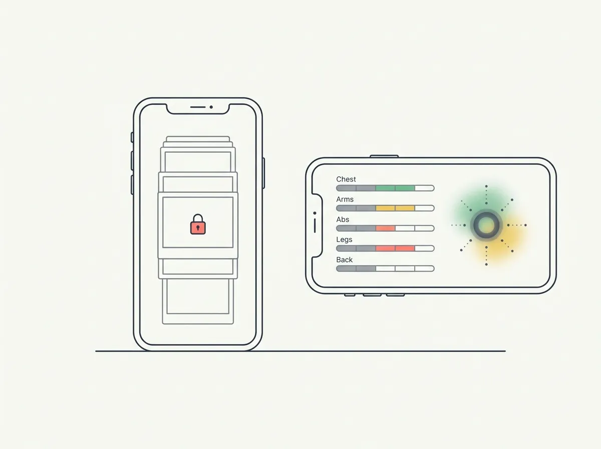 Two minimalist iPhone illustrations side by side — left phone shows a stack of progress photos with a privacy lock icon, right phone shows an AI body composition dashboard with muscle group rating bars