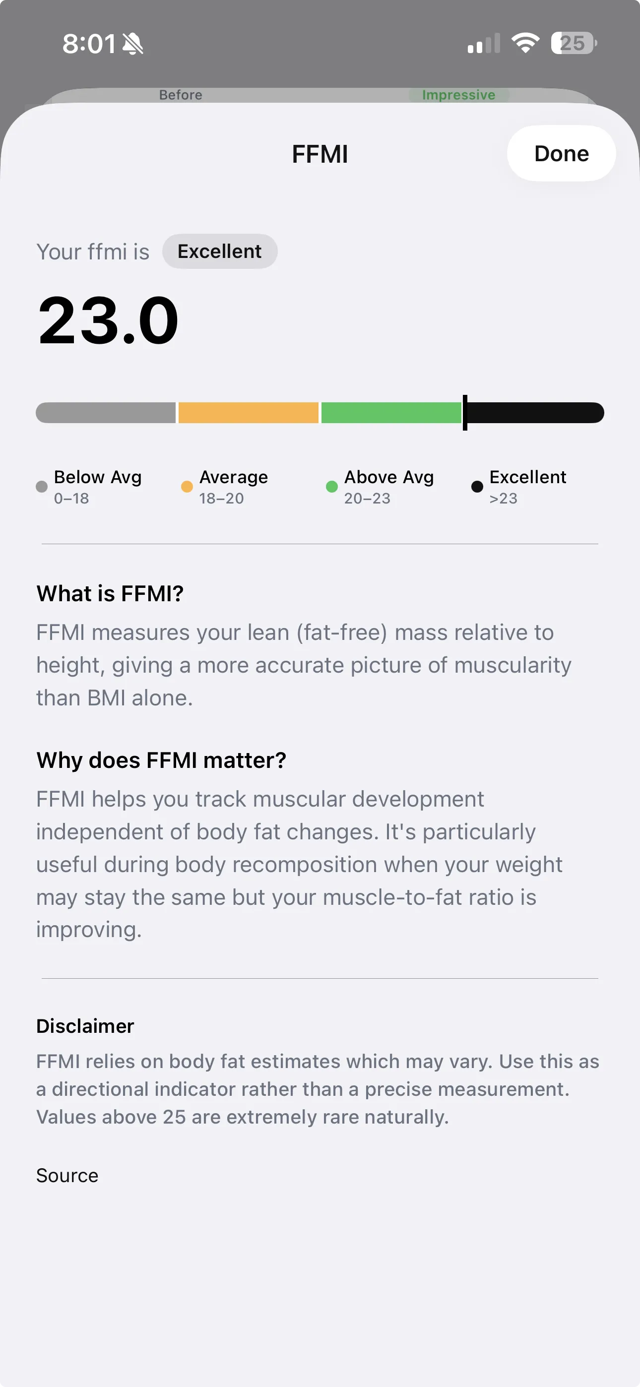 GainFrame FFMI tracking view showing FFMI history over time with trend line and current FFMI value