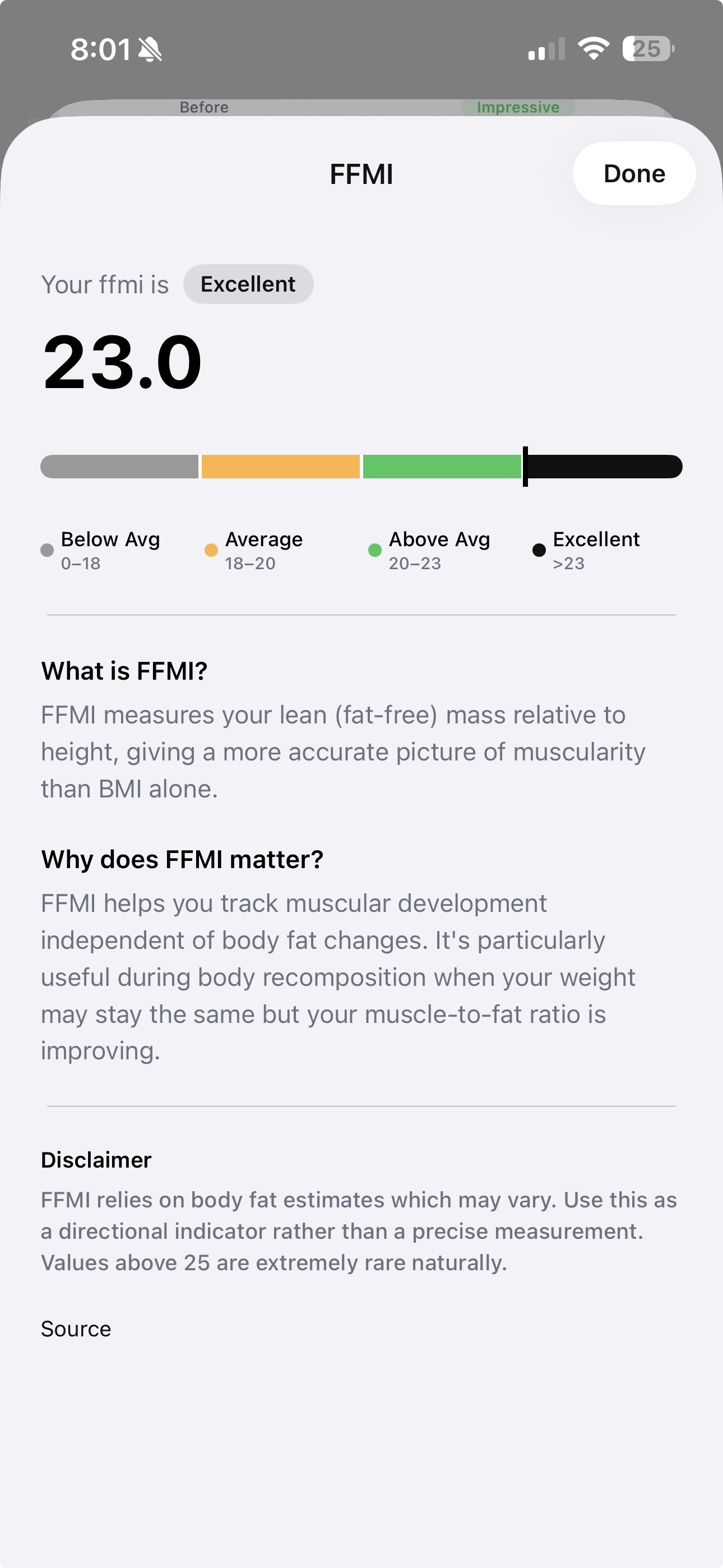 GainFrame FFMI screen showing fat-free mass index trend over time as the cleanest single metric for muscle preservation tracking