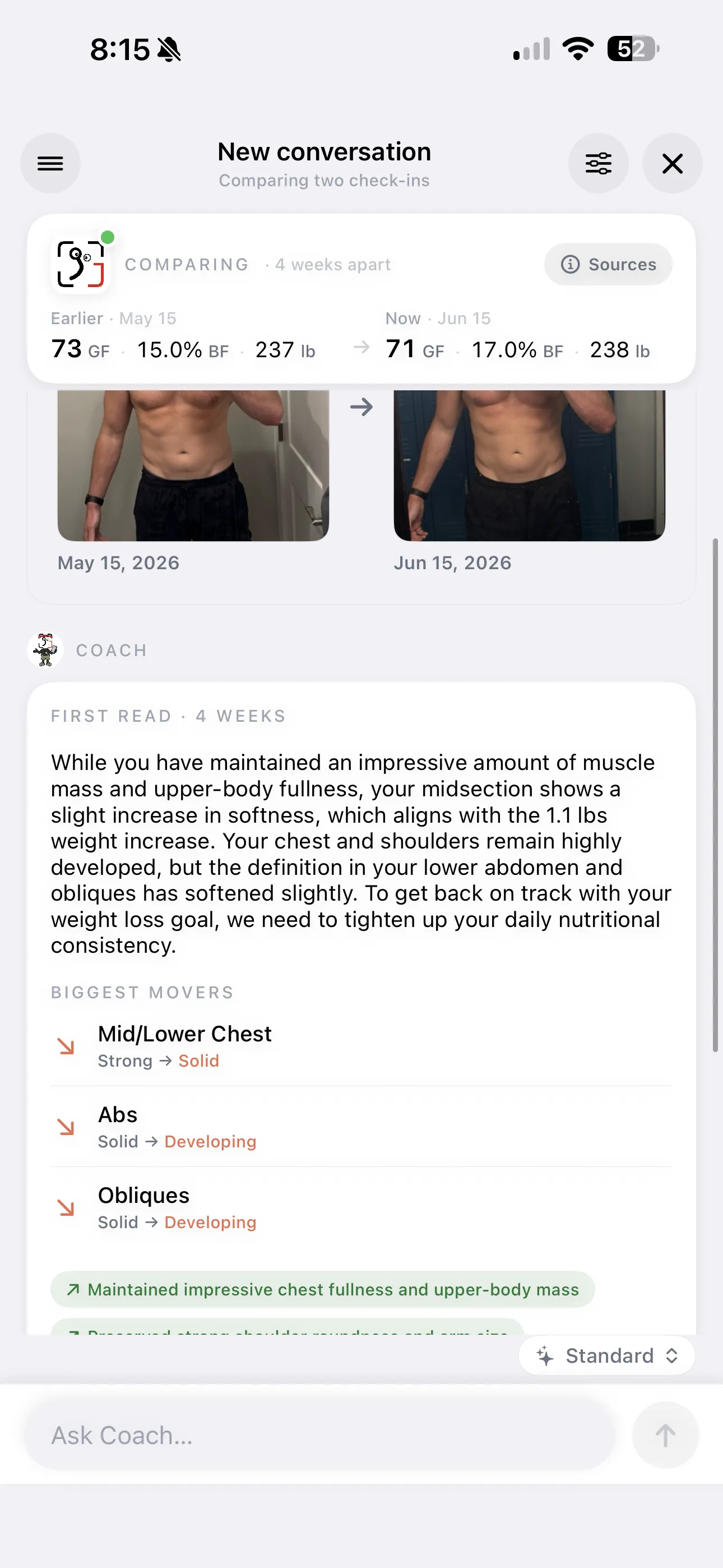 GainFrame Coach comparing two check-ins six weeks apart with a narrative summary and a list of biggest movers by muscle group
