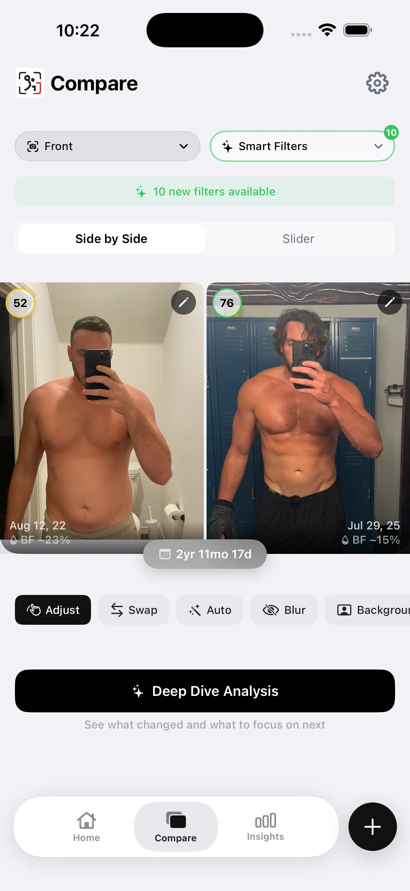 GainFrame Compare view showing two progress photos in the same pose side by side with body fat change and time elapsed