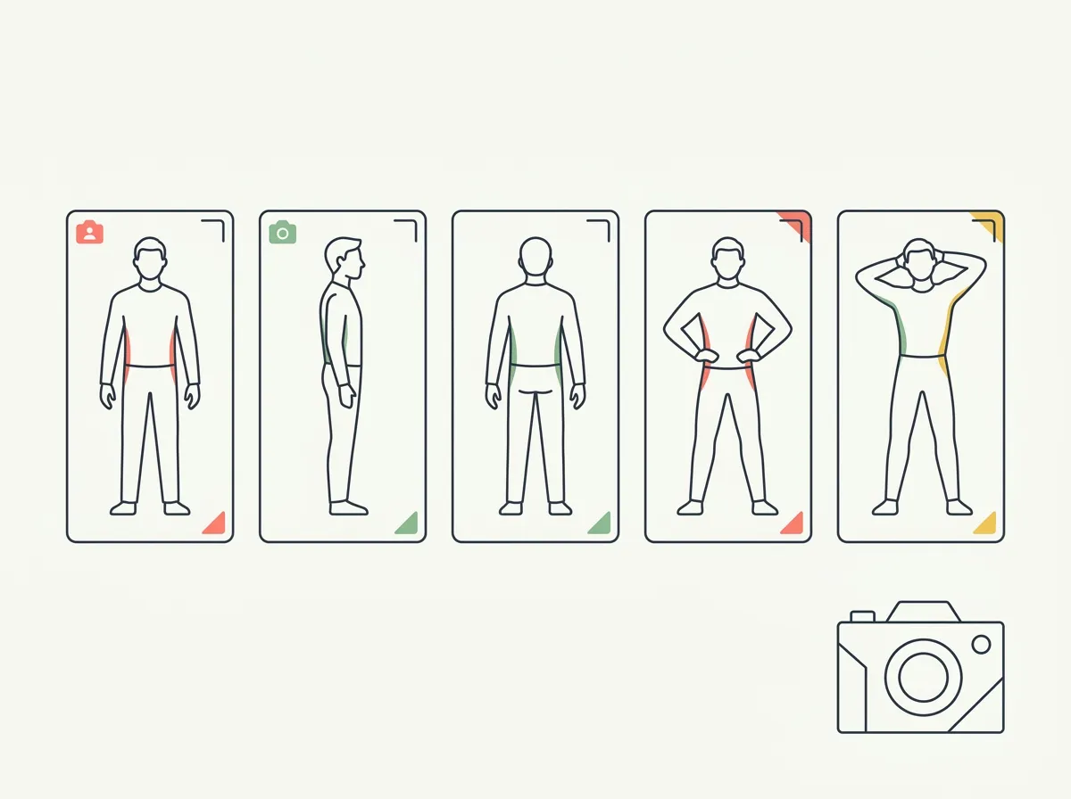 The 5 progress photo poses that actually show change — relaxed front, side, back, front flexed, and one lifestyle shot — plus the mistakes that ruin comparisons.