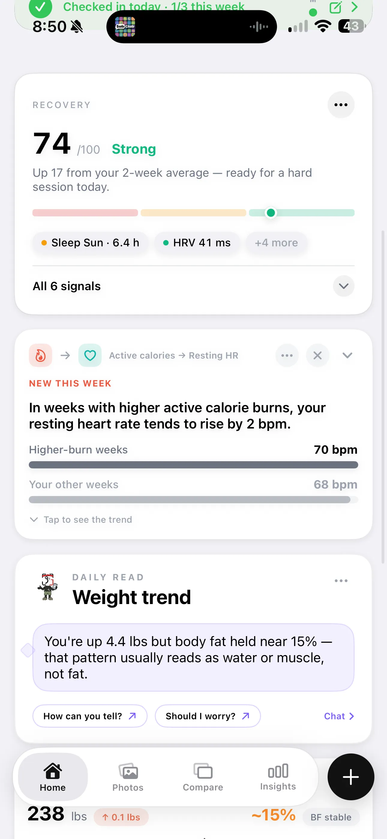 GainFrame recovery card alongside a pattern noting active-calorie weeks correlate with higher resting heart rate, plus a weight trend read