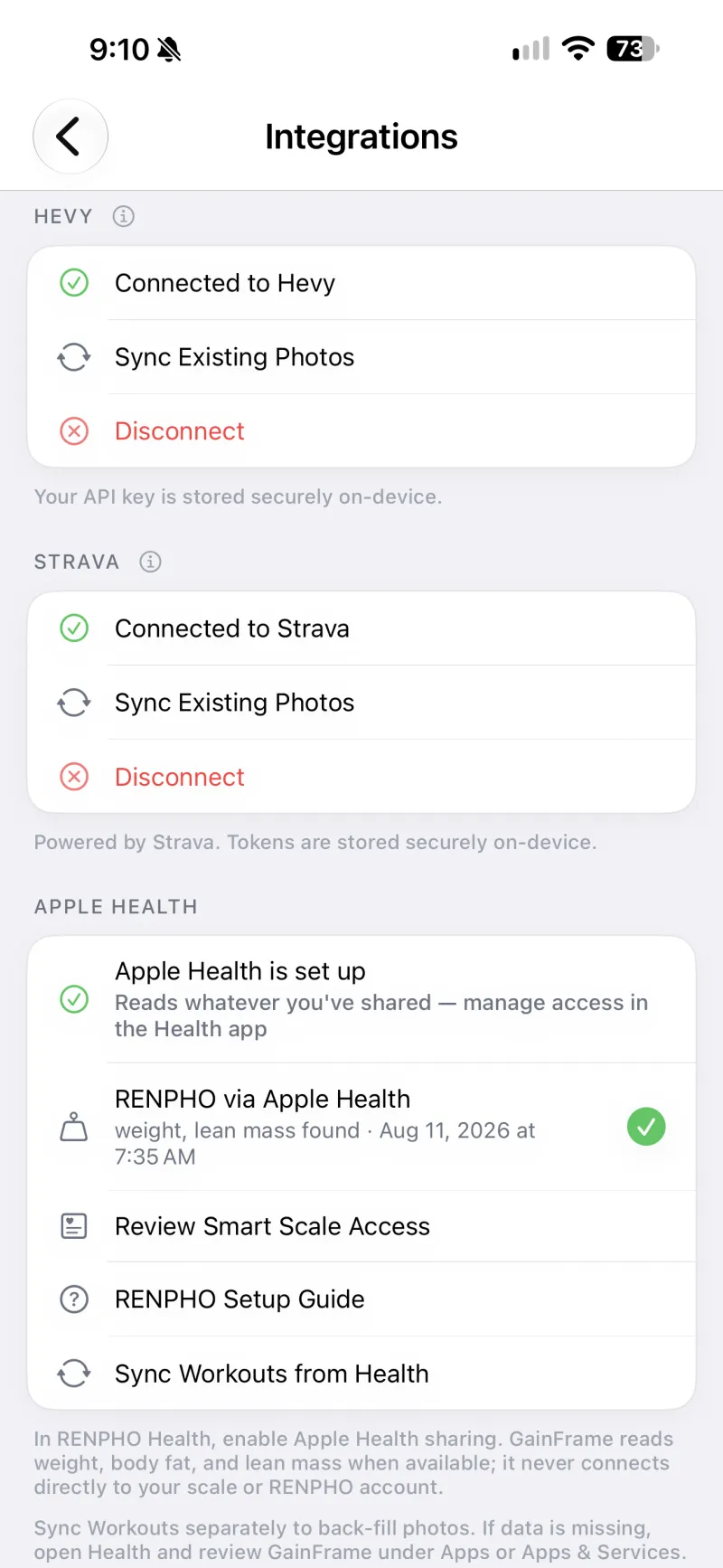 An iPhone integrations screen showing a RENPHO scale's weight and lean mass arriving through Apple Health with the connection verified
