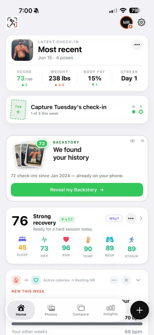 GainFrame home screen before a check-in, showing the docked capture banner for Tuesday's check-in with a weekday strip, above a backstory import card and a recovery card