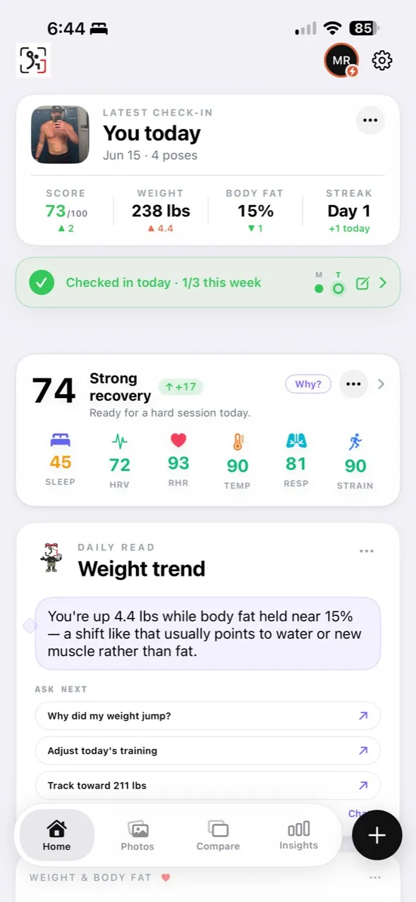 GainFrame home screen after a check-in, showing the day's score and weight, a recovery card, and the Daily Read card with an AI-written note about the user's weight trend plus suggested follow-up questions