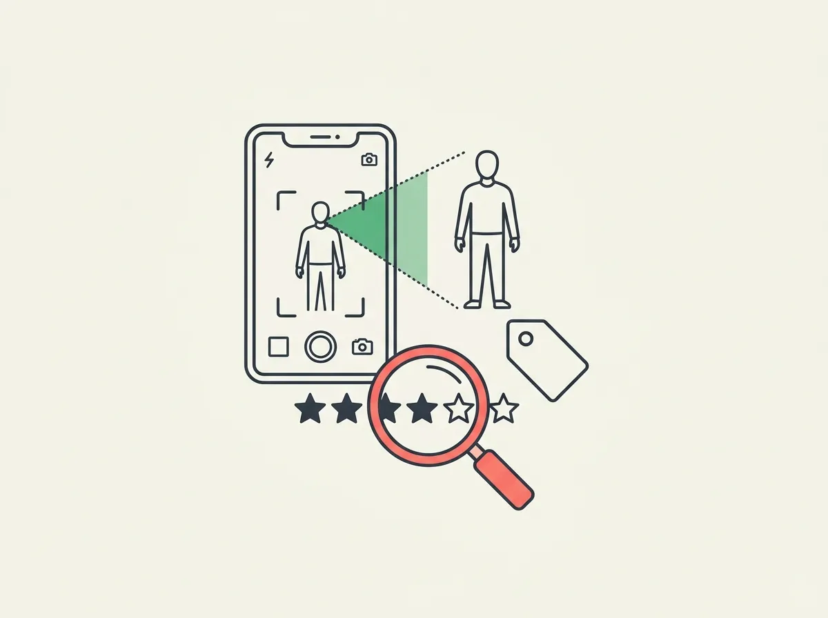 Smartphone with AI body scan interface, magnifying glass examining star rating, and price tag — representing app accuracy review