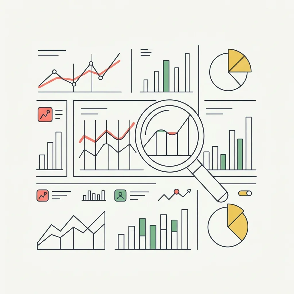 Minimalist vector illustration of data analytics dashboards and funnels with flowing user paths