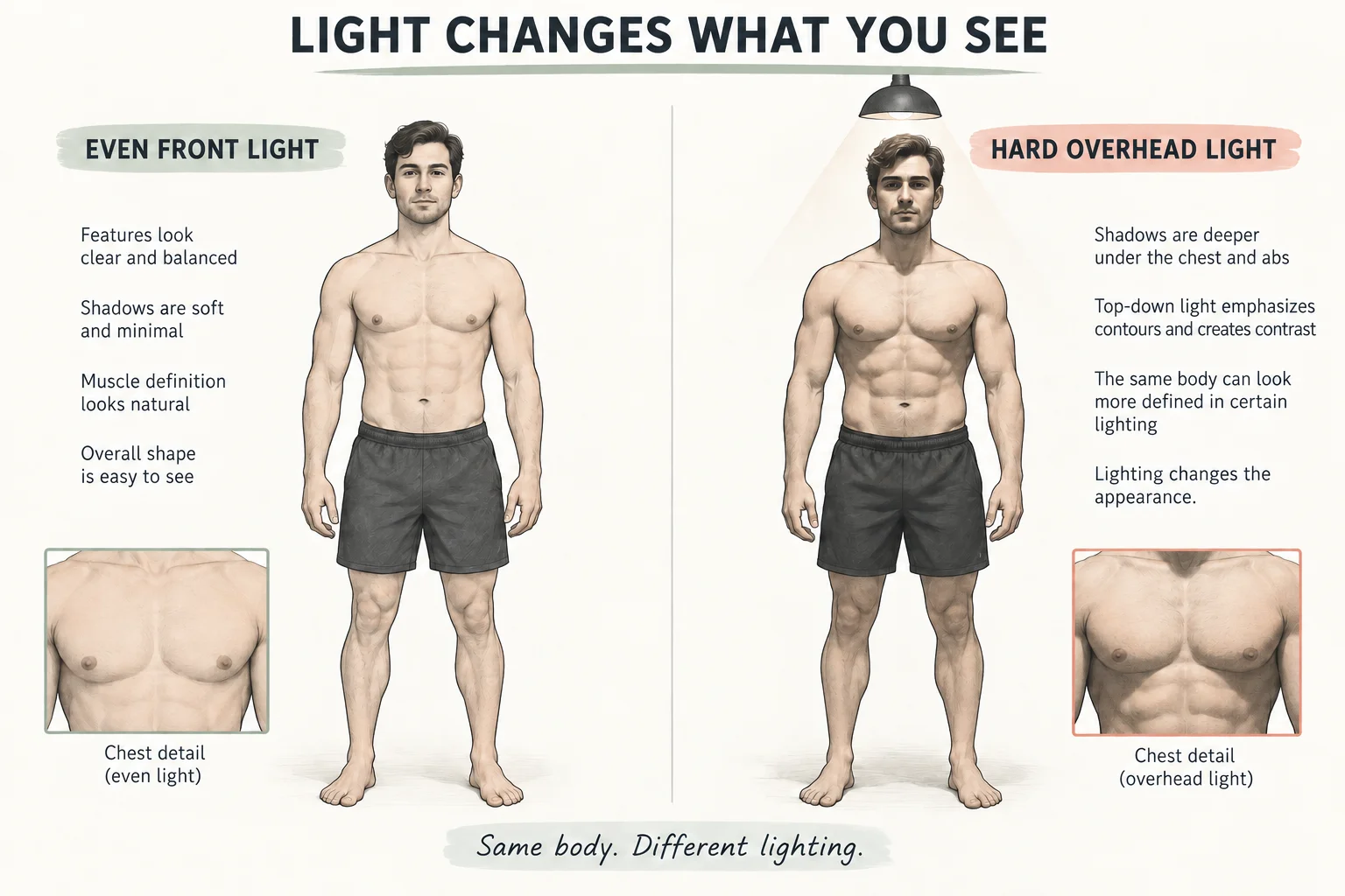 Illustration showing how even front light and hard overhead light change visible muscle shadows