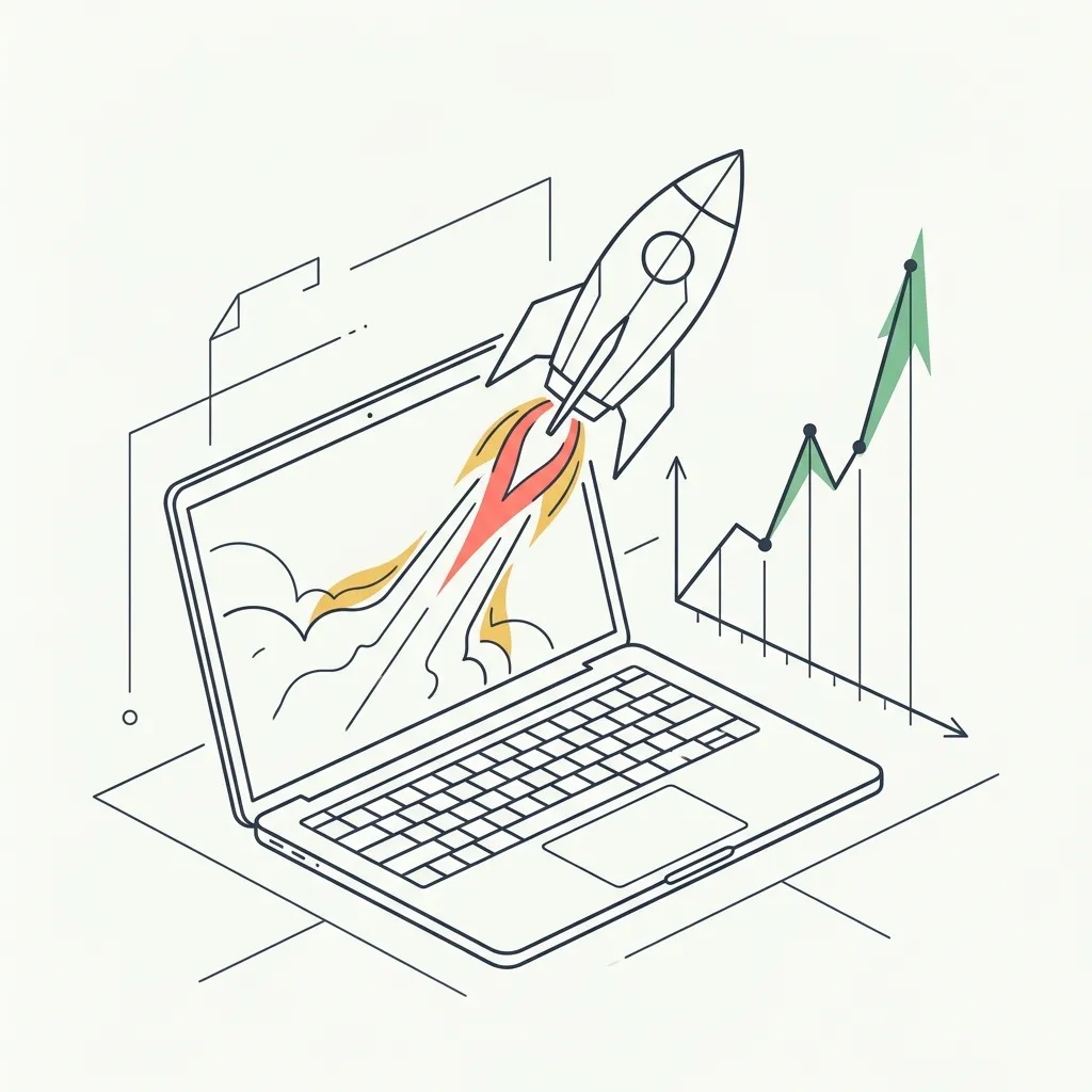 Abstract vector illustration of a rocket launching from a laptop screen with a traffic spike graph, representing rapid AI-driven development velocity
