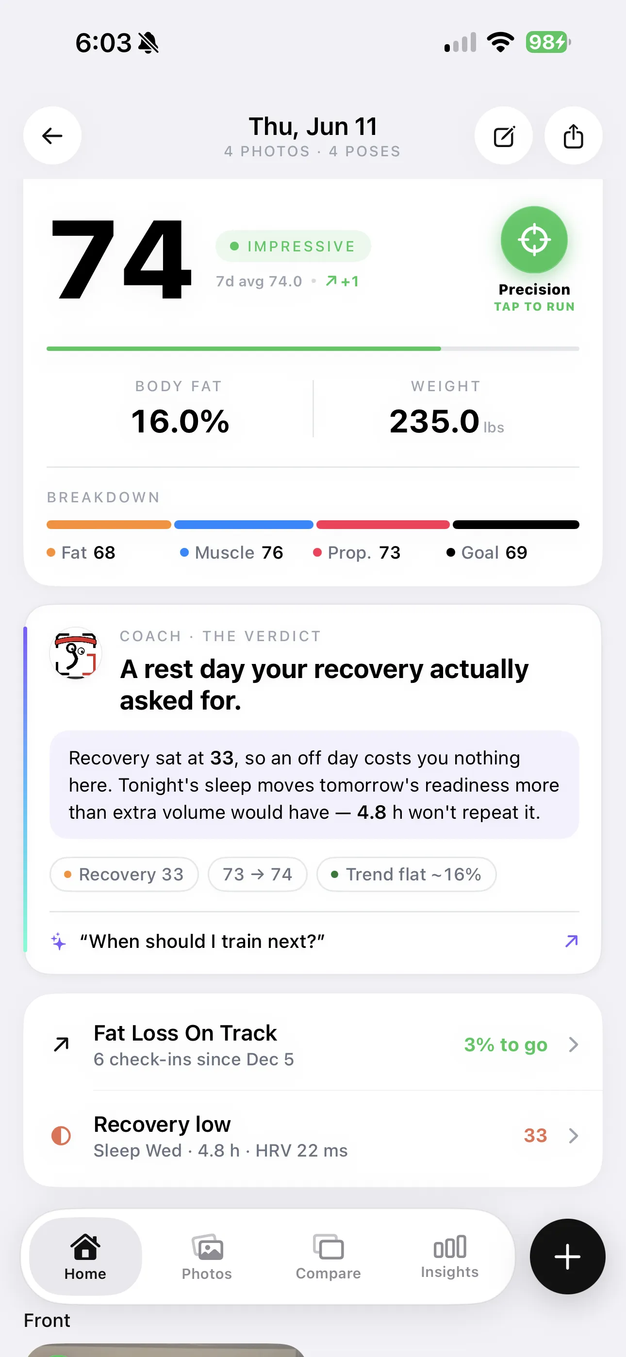 GainFrame check-in score card showing a physique score of 74 with body fat estimate and a four-part breakdown
