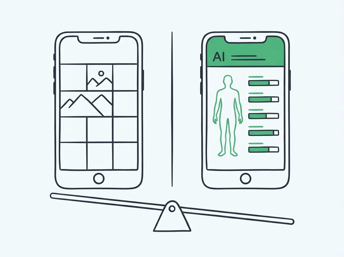 Two smartphones side by side with a VS divider — simple photo grid app on left, AI analysis dashboard on right — with a balance scale below