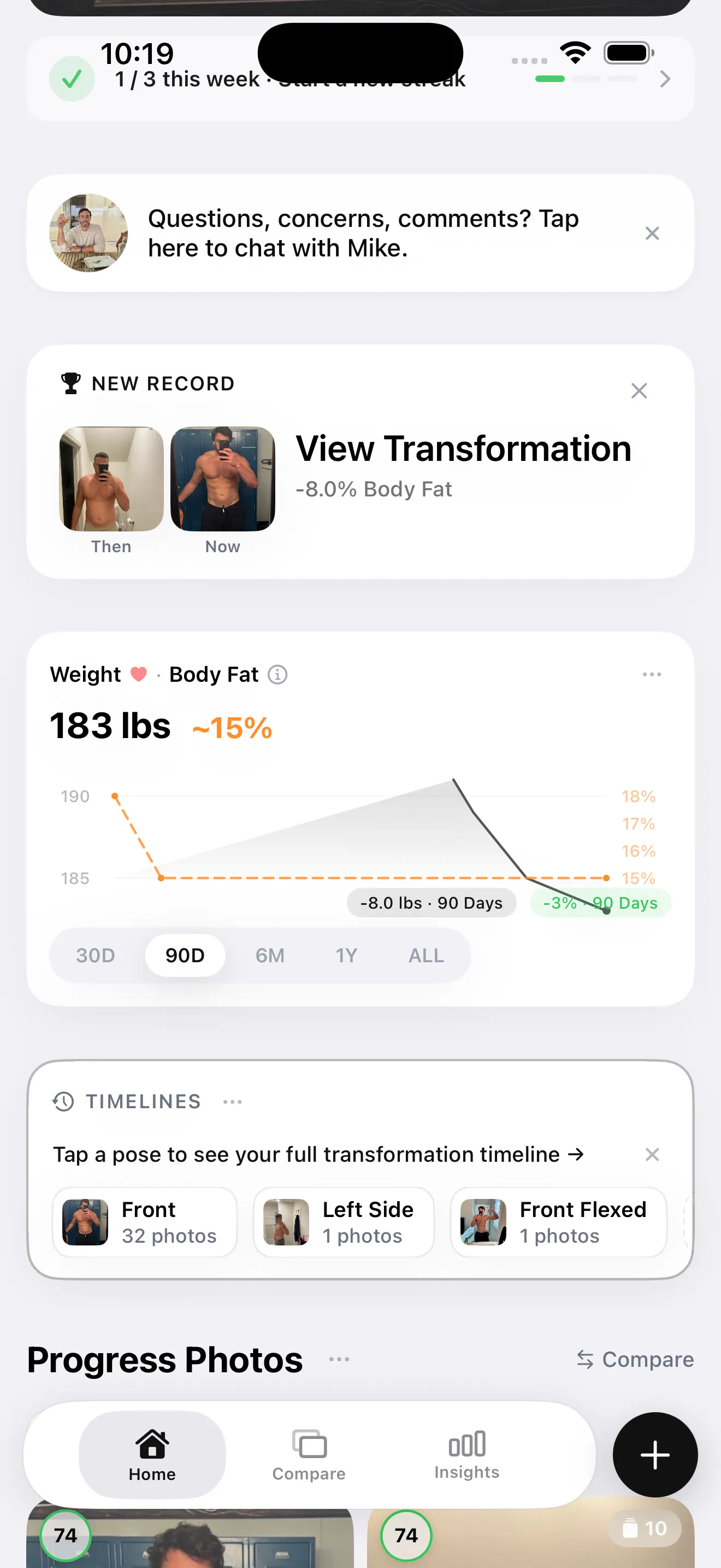 GainFrame dashboard overview showing recent check-ins, physique trend, weight chart, and quick-access to Deep Dive analysis