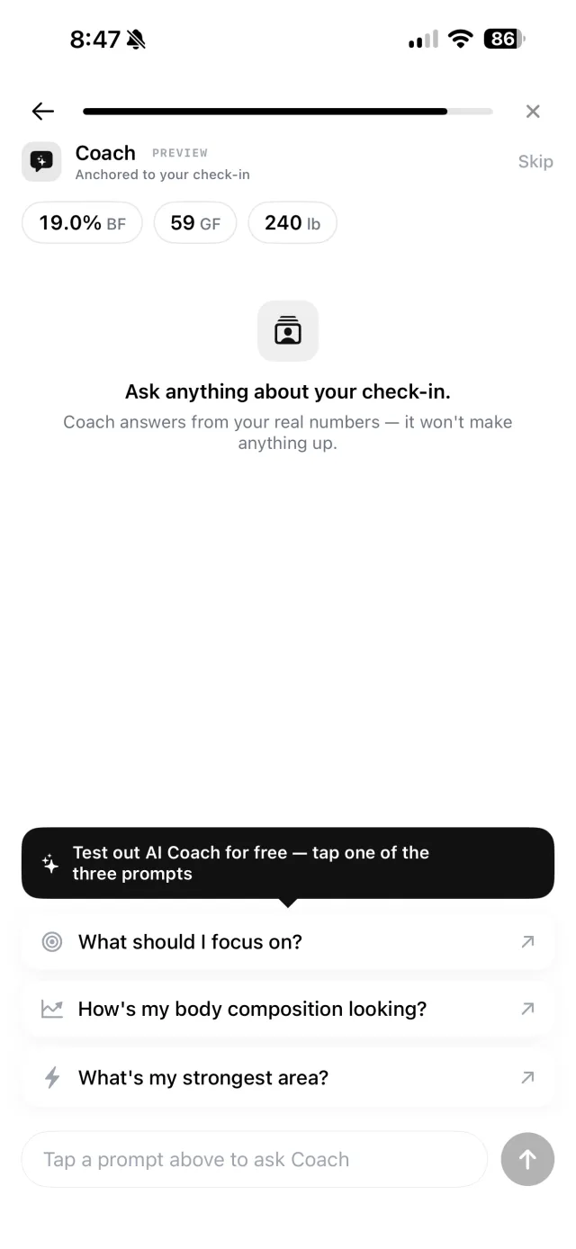 GainFrame onboarding Coach preview anchored to the user's first check-in, offering three free prompts to test the AI Coach
