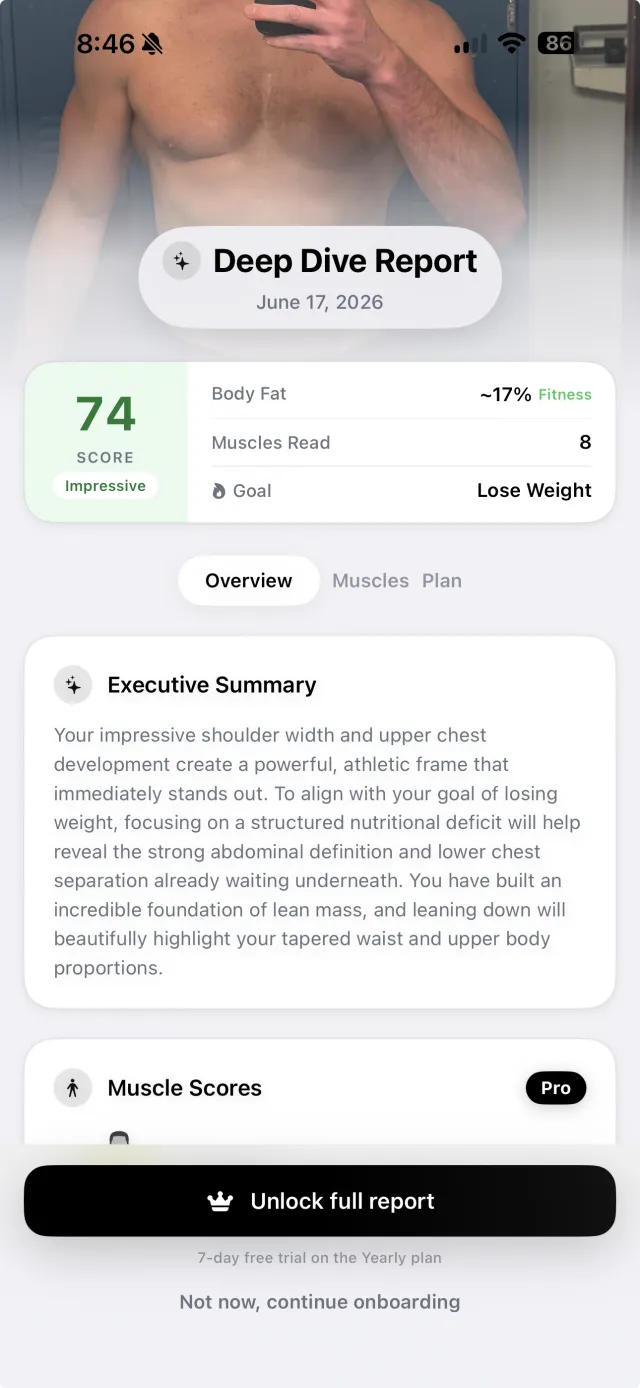 GainFrame onboarding Deep Dive report preview showing a physique score of 74, body fat estimate, and AI executive summary with the full report locked behind an upgrade button