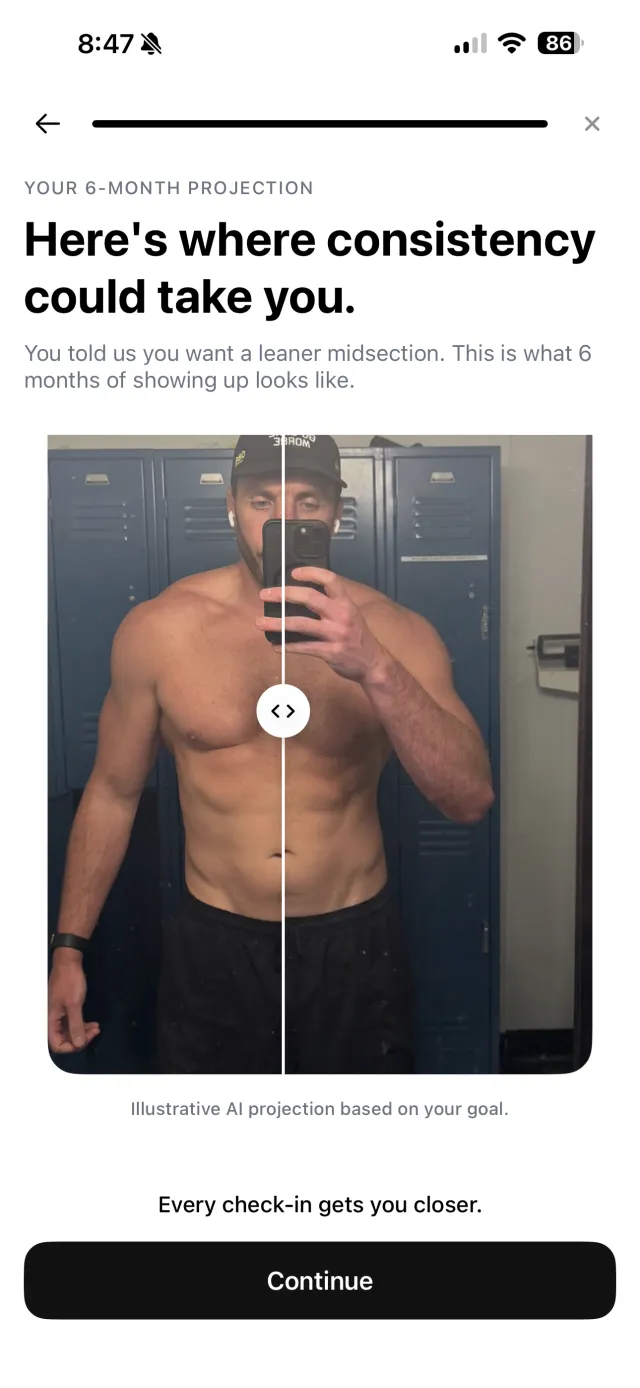 GainFrame onboarding Future Me preview showing a six-month AI projection slider over the user's own progress photo