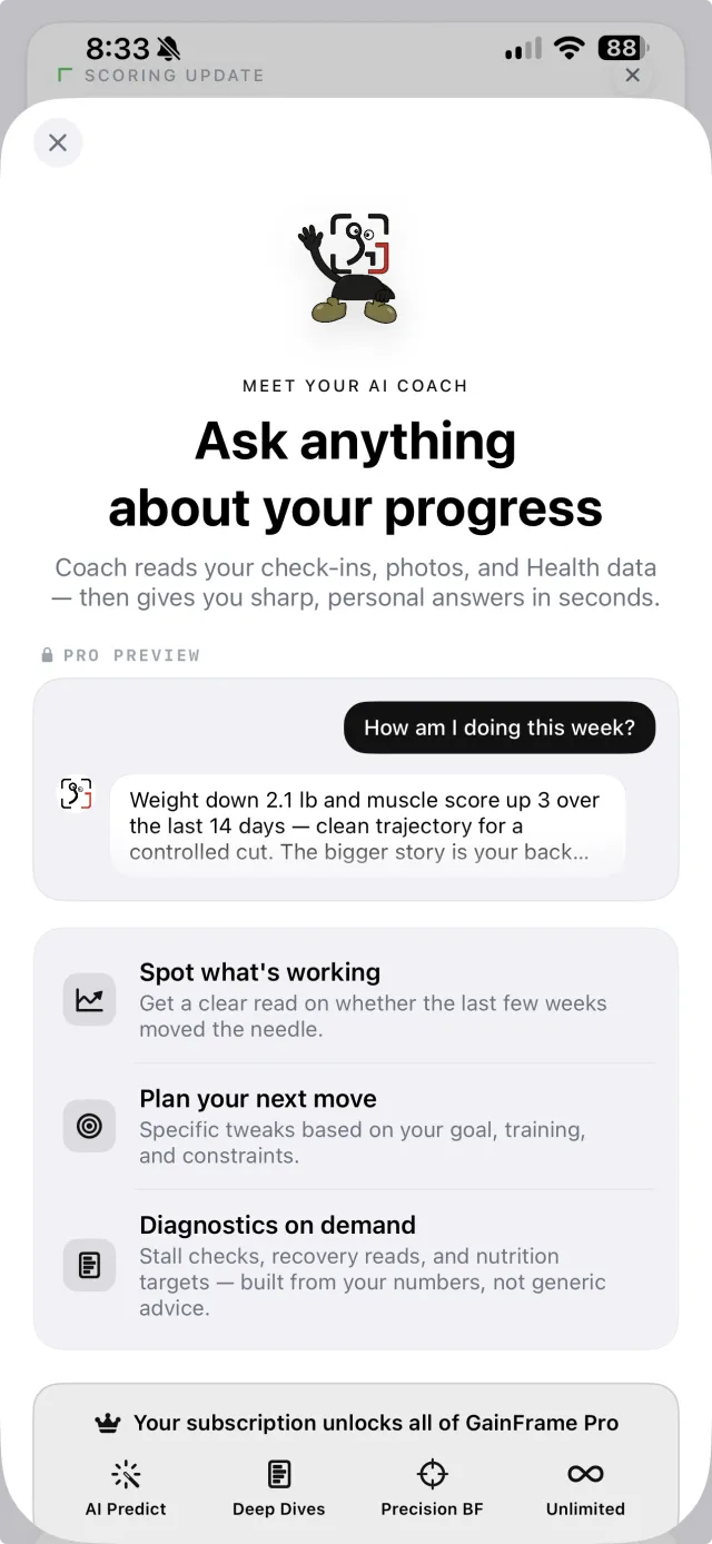 GainFrame AI Coach paywall with a Pro preview of a real coach answer and a list of what Coach can do, ahead of the upgrade ask