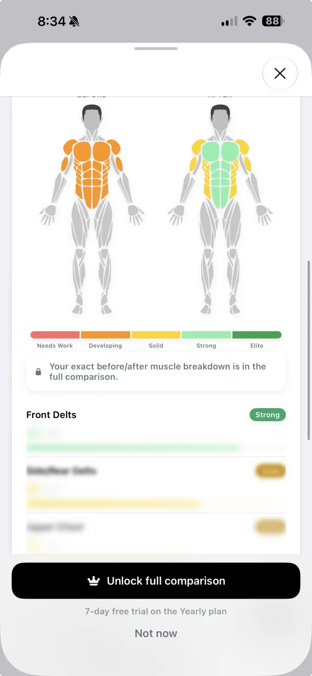 GainFrame muscle comparison paywall showing real before and after muscle maps with the detailed per-muscle breakdown blurred behind an Unlock full comparison button