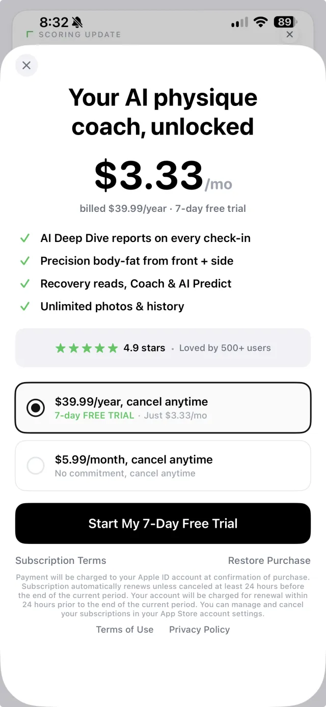 GainFrame's new paywall showing $3.33 per month billed as $39.99 per year with a 7-day free trial, a checklist of Pro features, and a 4.9-star rating badge